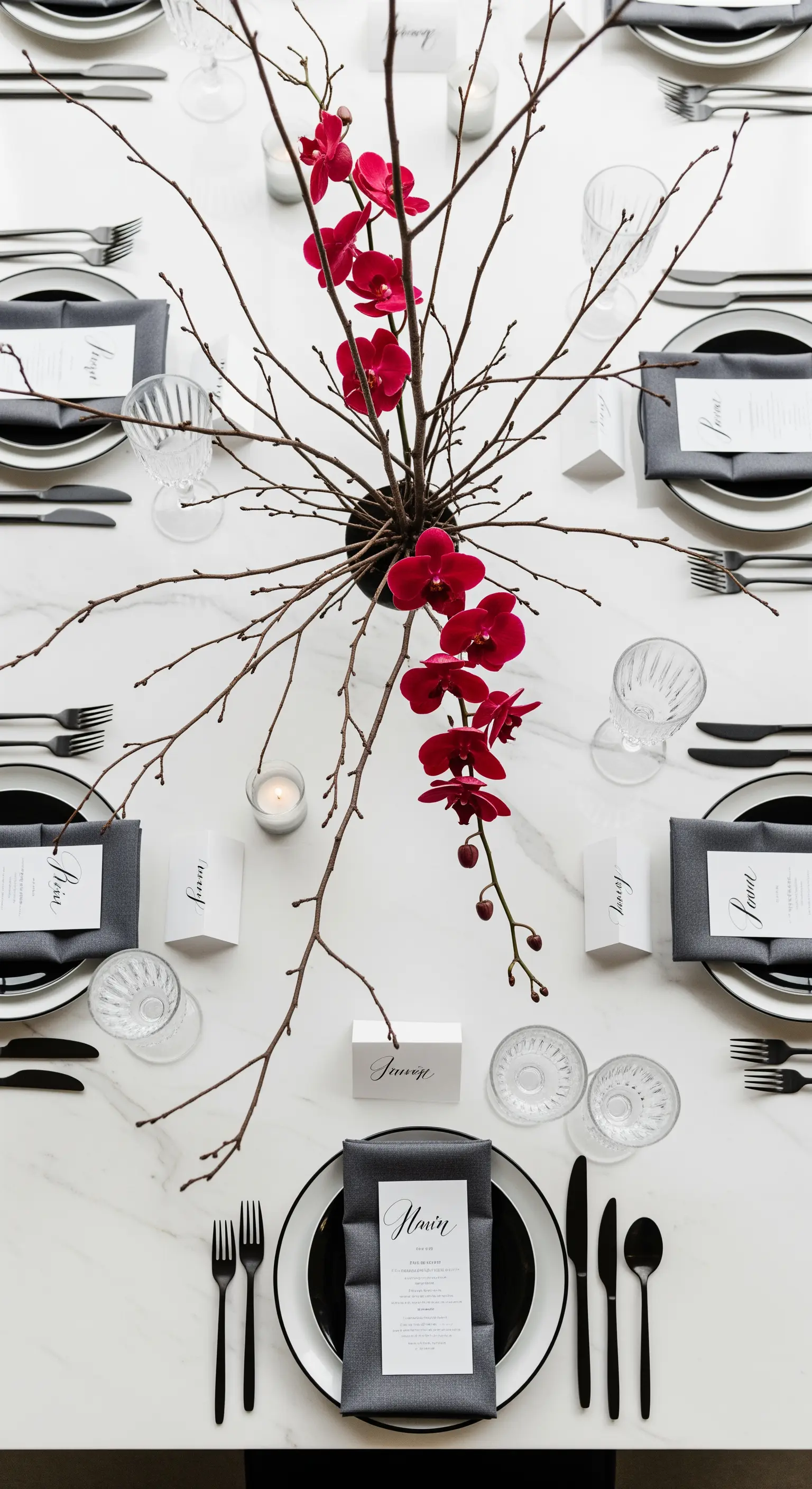 Tavola minimalista con centrotavola di orchidee fucsia su tavolo di marmo.