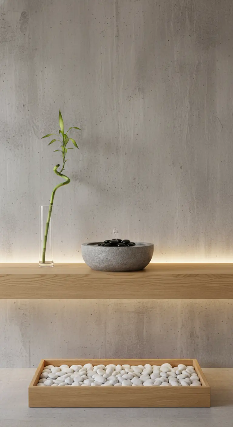 Mensola in legno illuminata con ciotola in pietra, bambù e ciottoli bianchi su parete di cemento.