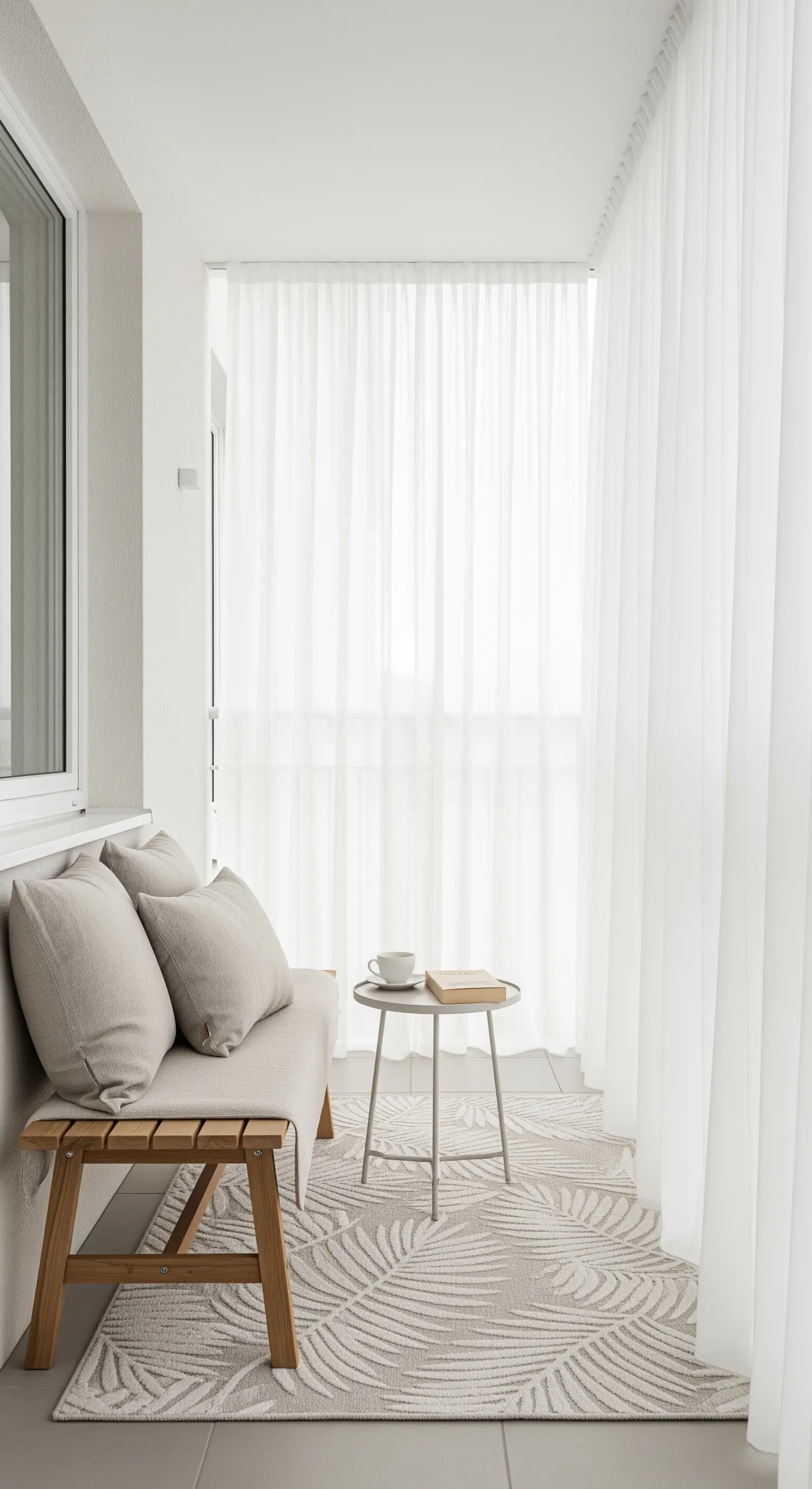 Balcone minimalista con panca in legno, tenda bianca e tappeto beige con motivo a foglie in rilievo.