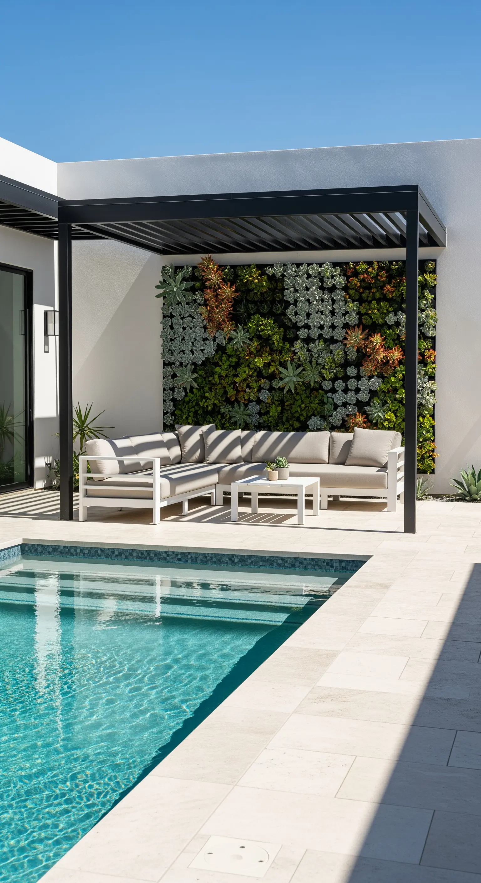 Patio con piscina, pergola nera, divano chiaro e una parete di piante succulente.