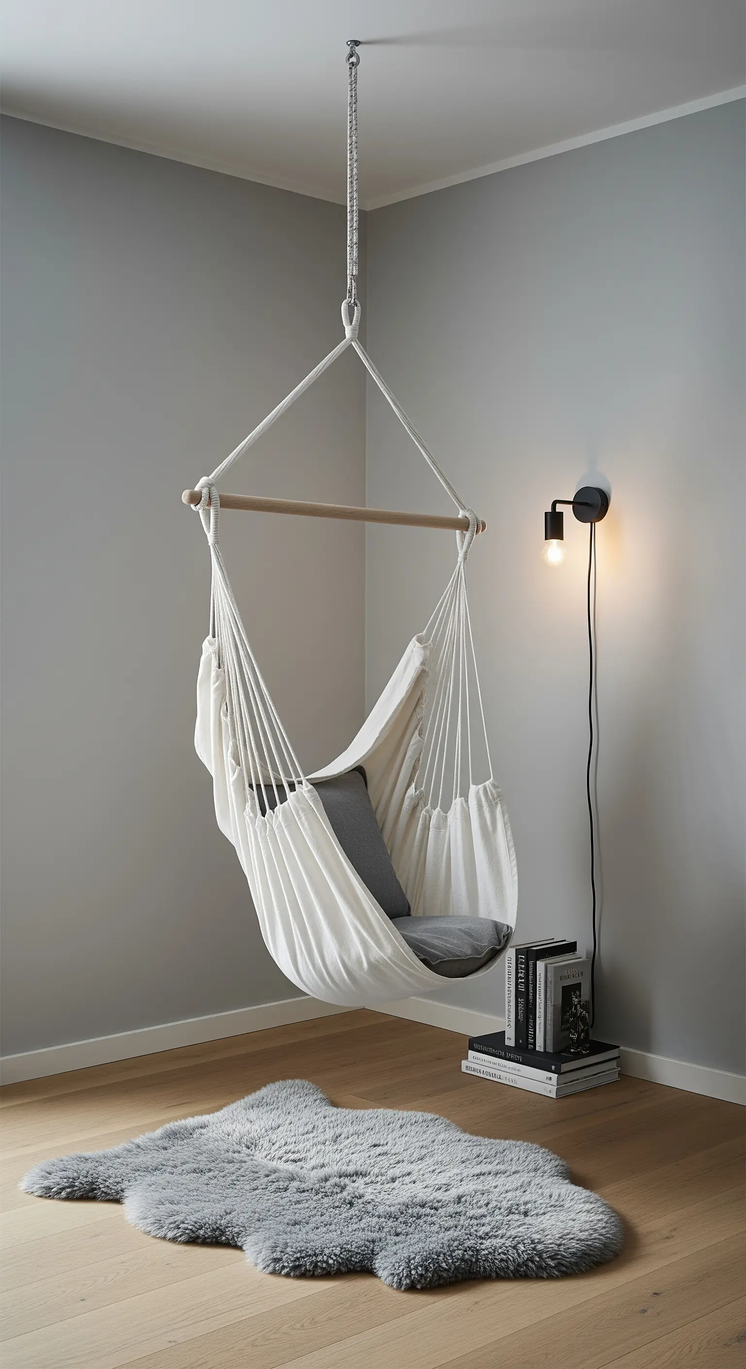 Amaca sospesa in tessuto bianco in un angolo minimalista con lampada da parete.
