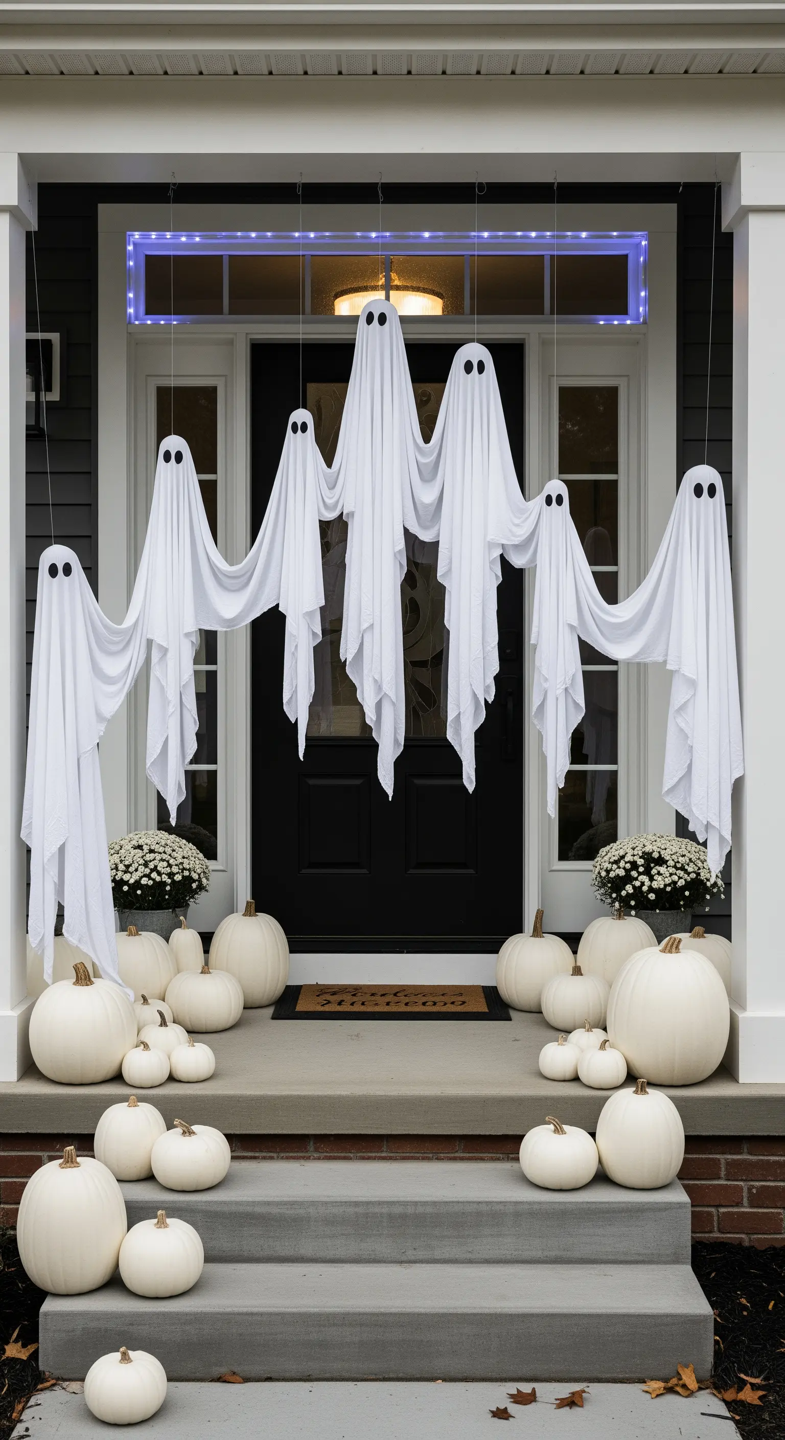 Decorazione moderna di Halloween con fantasmi bianchi sospesi e zucche bianche all'ingresso.