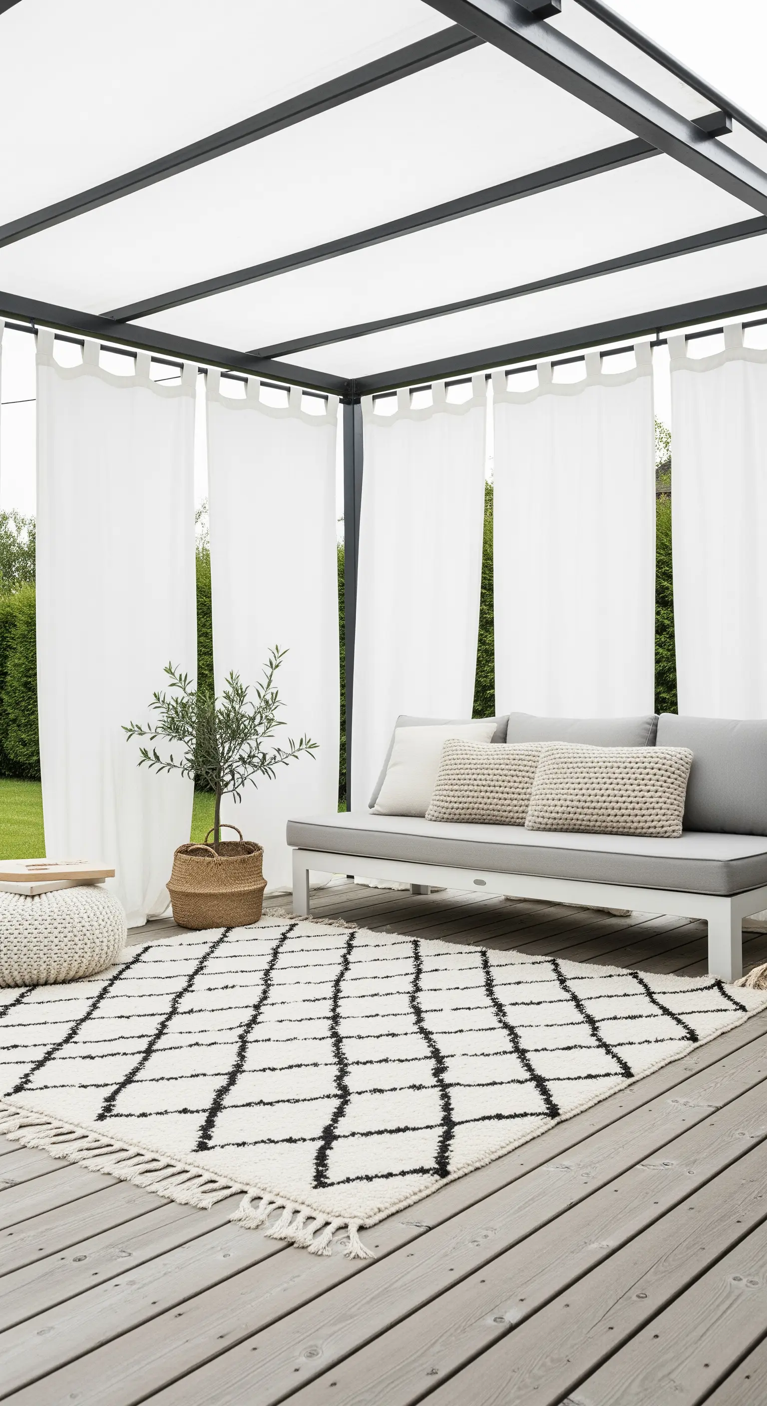 Pergola moderna con struttura grigia, tende bianche, divano e tappeto berbero.