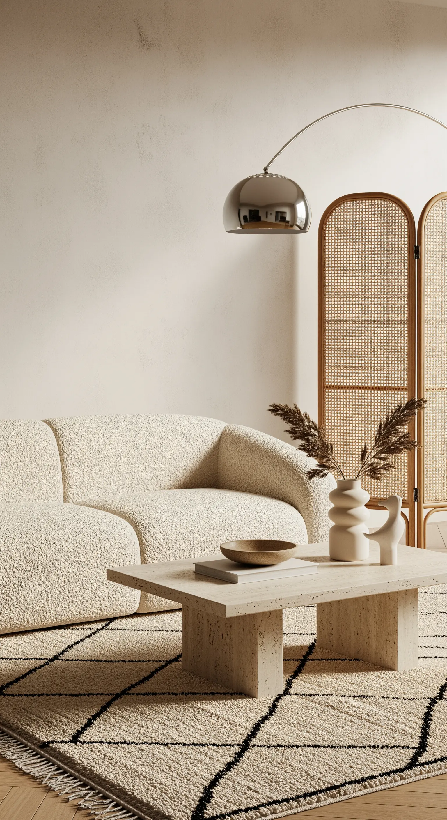 Salotto minimalista con divano in bouclé, tavolino in travertino, tappeto berbero e paravento in rattan.