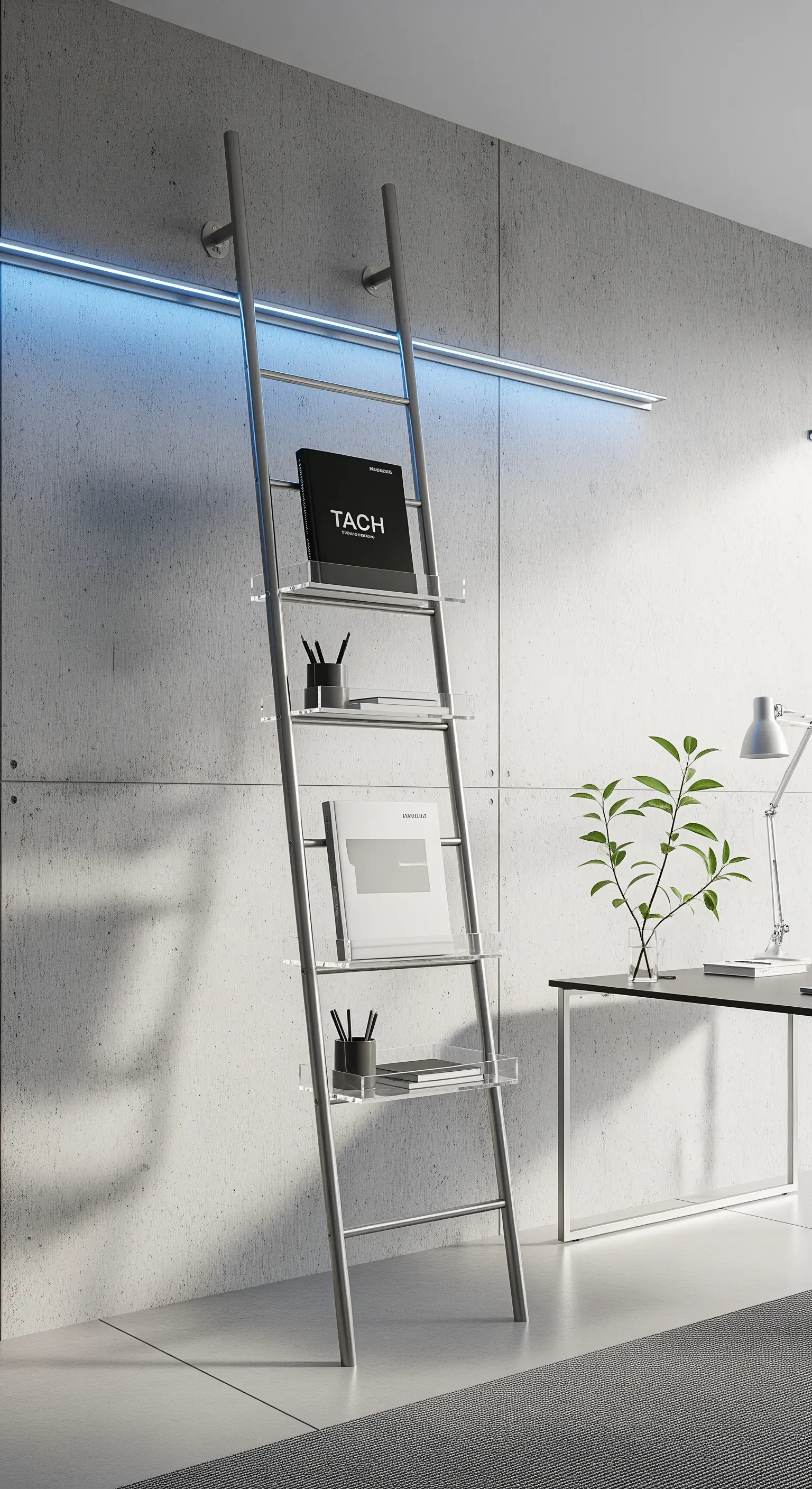 Scala-libreria in metallo con ripiani in acrilico in un ufficio moderno.