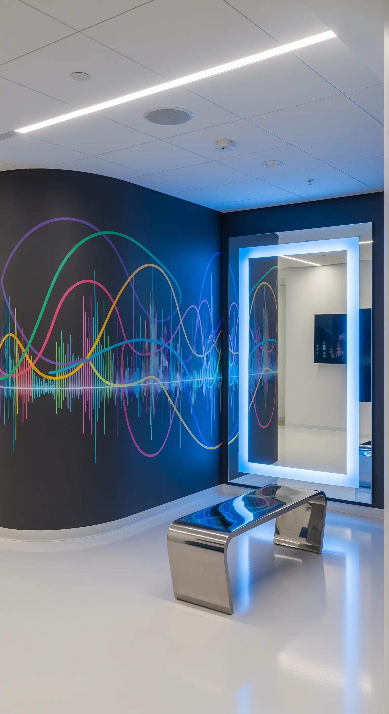 Ingresso moderno con murale astratto di onde colorate e specchio con cornice illuminata a LED.