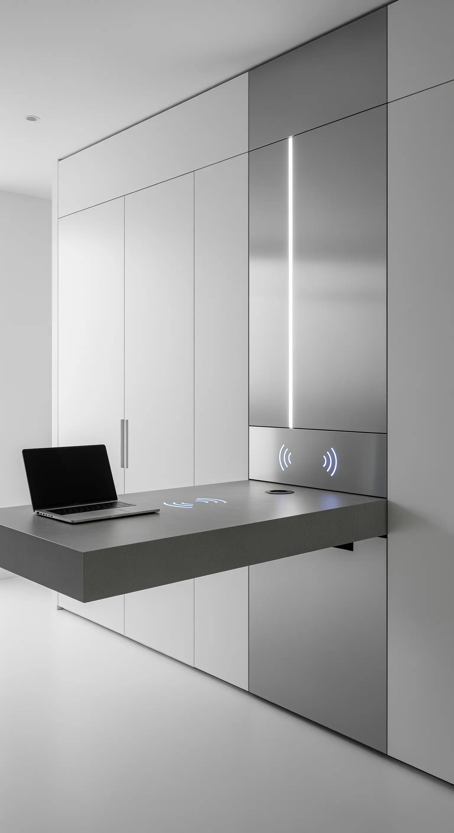 Scrivania sospesa e minimale integrata in un'armadiatura bianca e grigia con luci a LED.