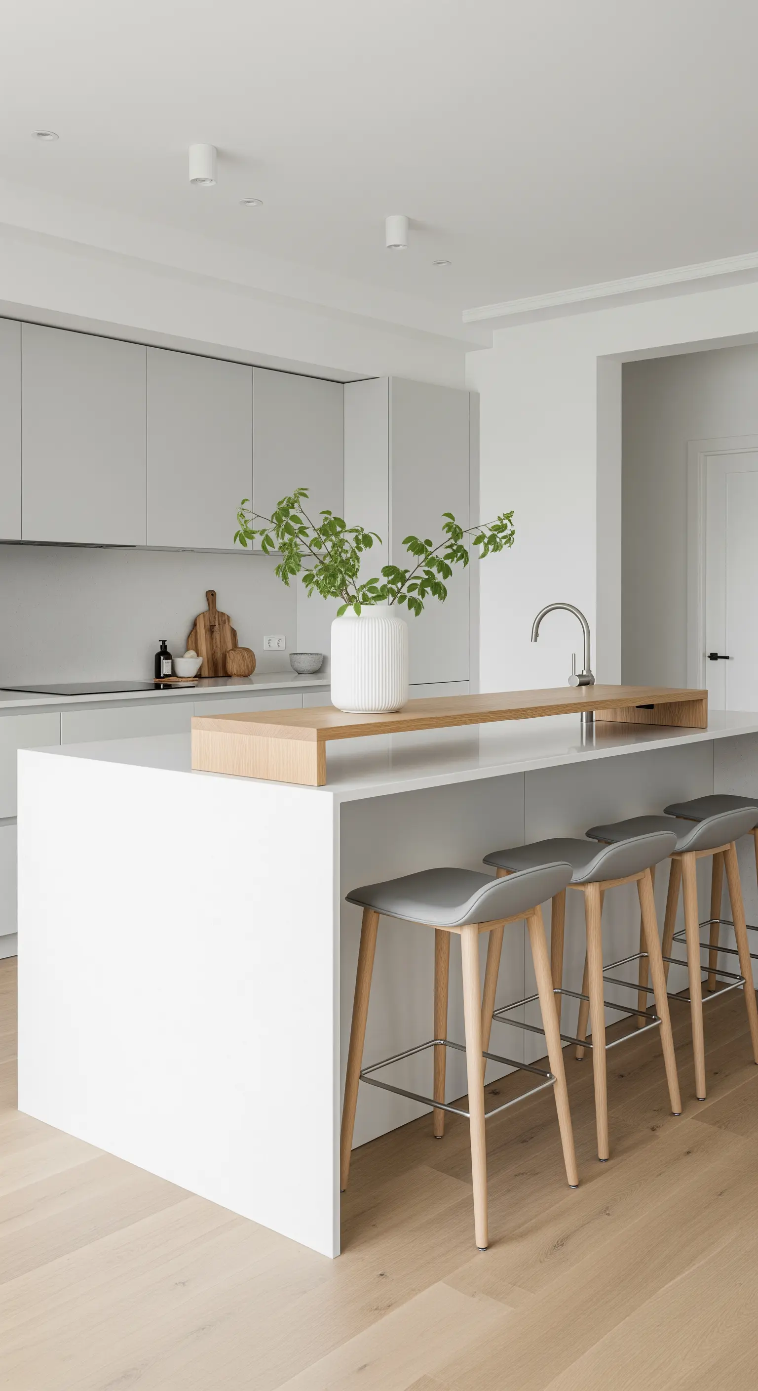 Cucina minimalista bianca con isola a doppio livello in legno chiaro e sgabelli grigi.
