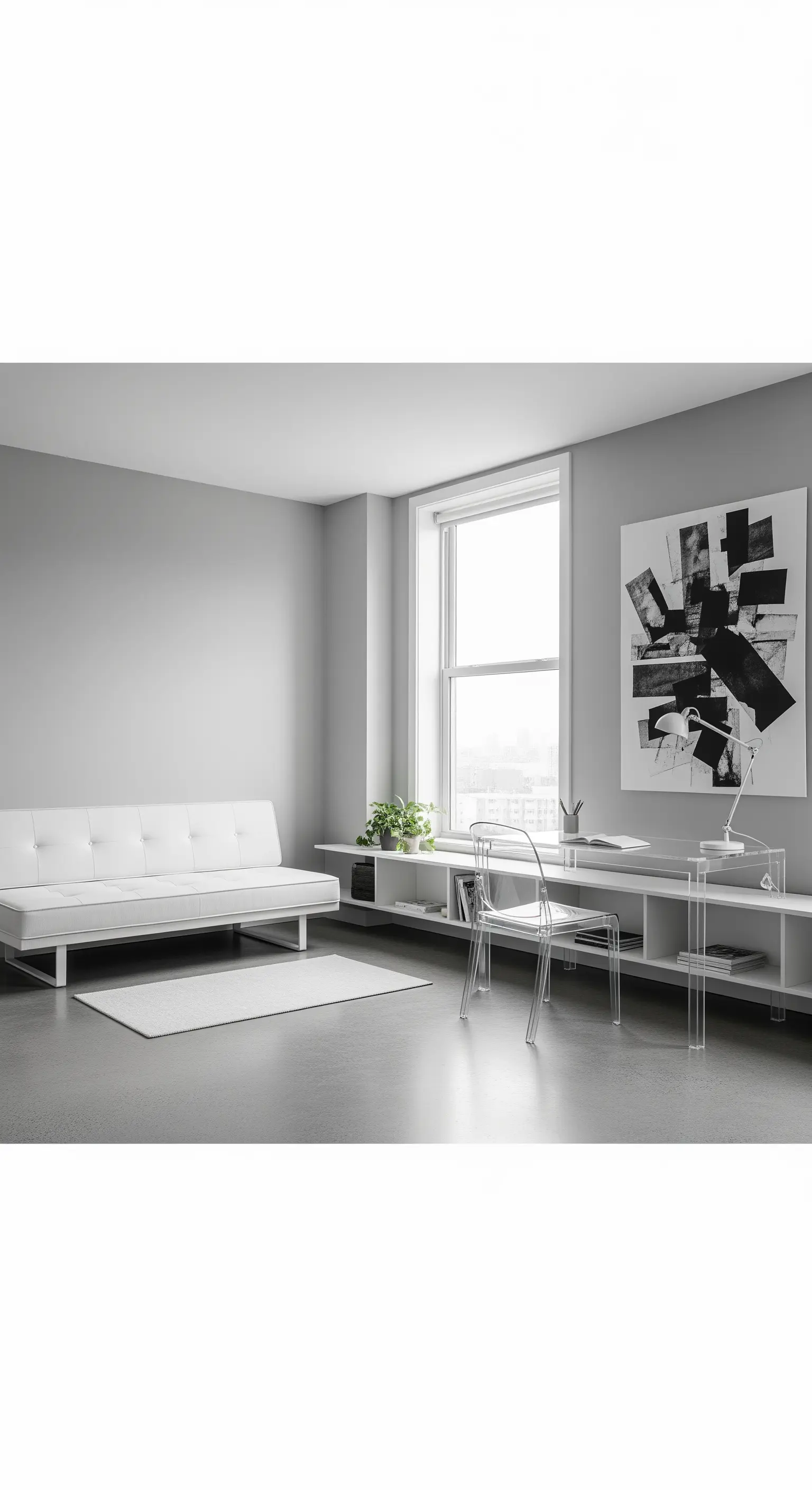 Salotto minimalista con divano bianco e scrivania e sedia trasparenti.