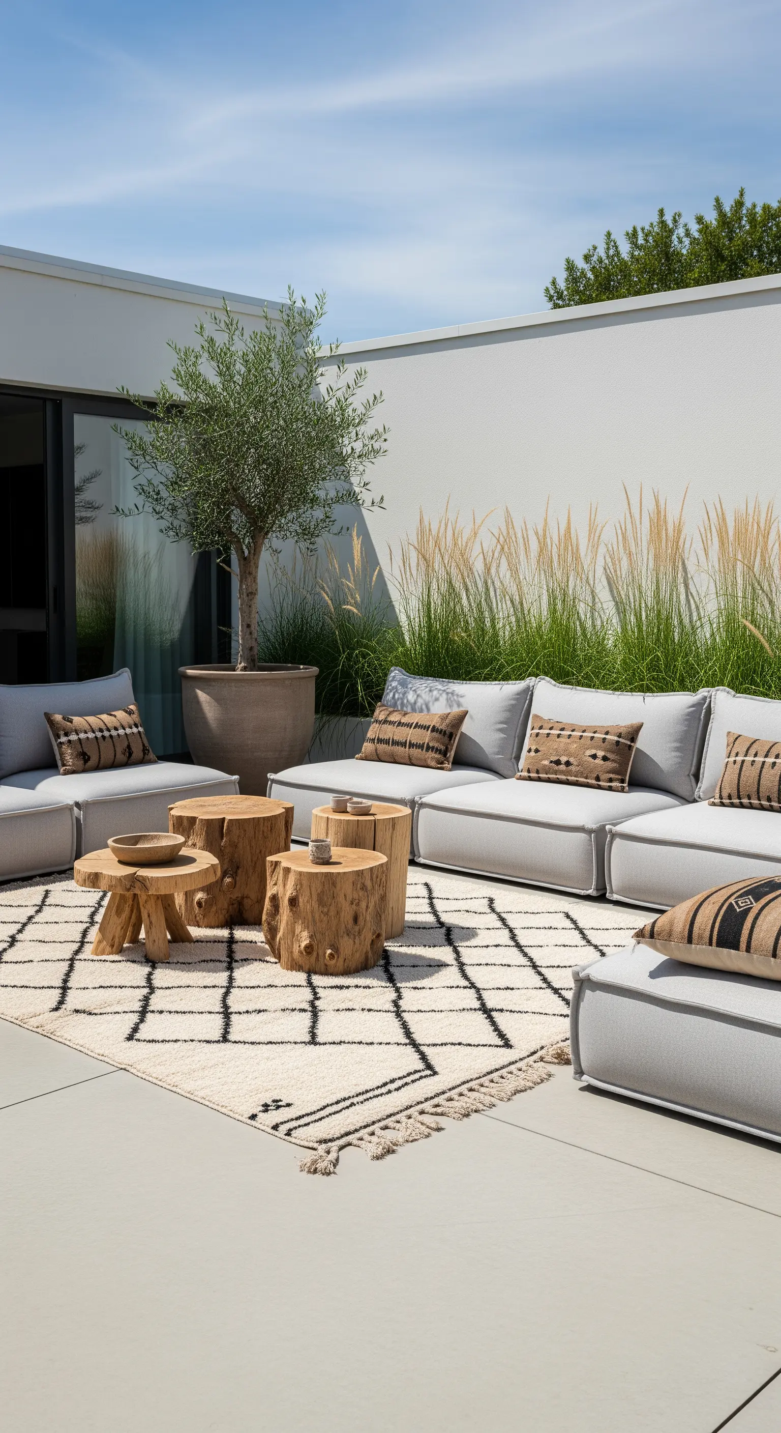 Patio moderno con divano grigio, tappeto berbero bianco e nero e tavolini in legno grezzo.