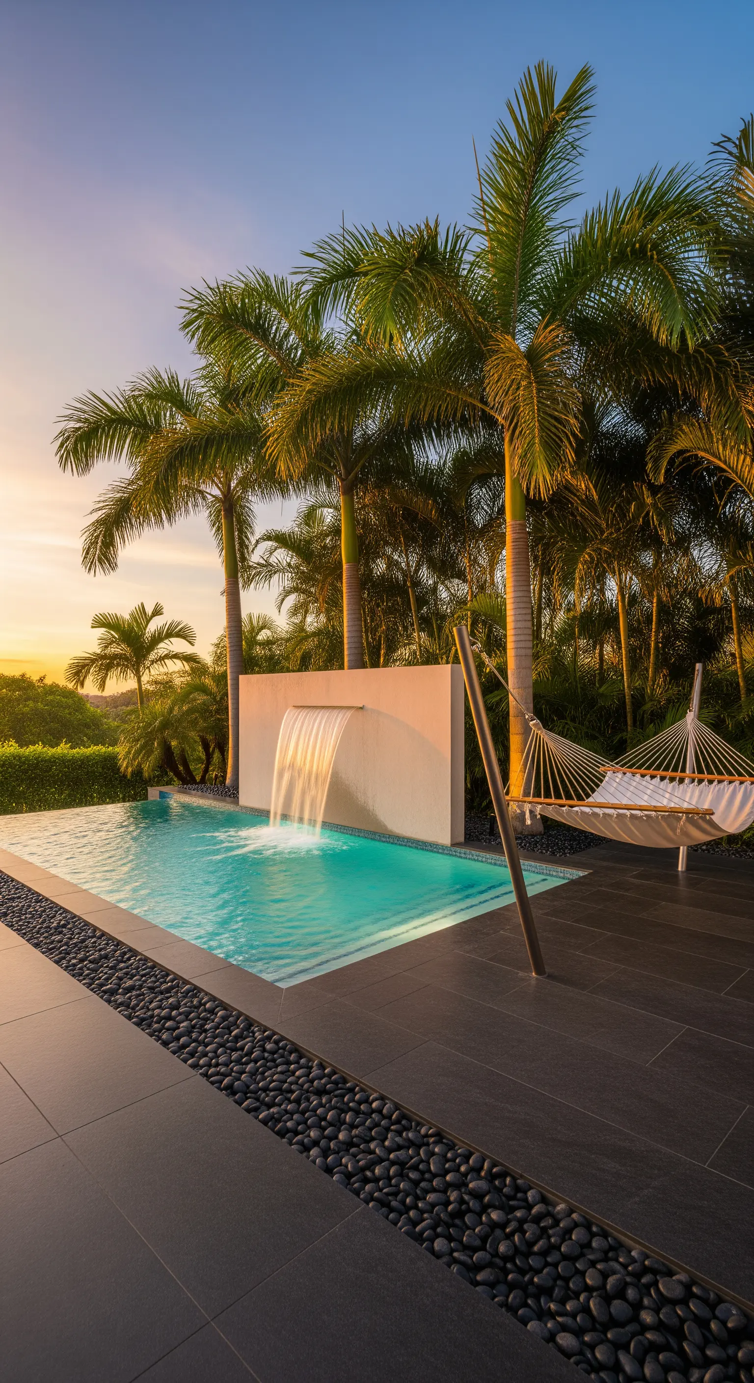 Piscina moderna con cascata, pavimentazione scura, palme e amaca bianca.