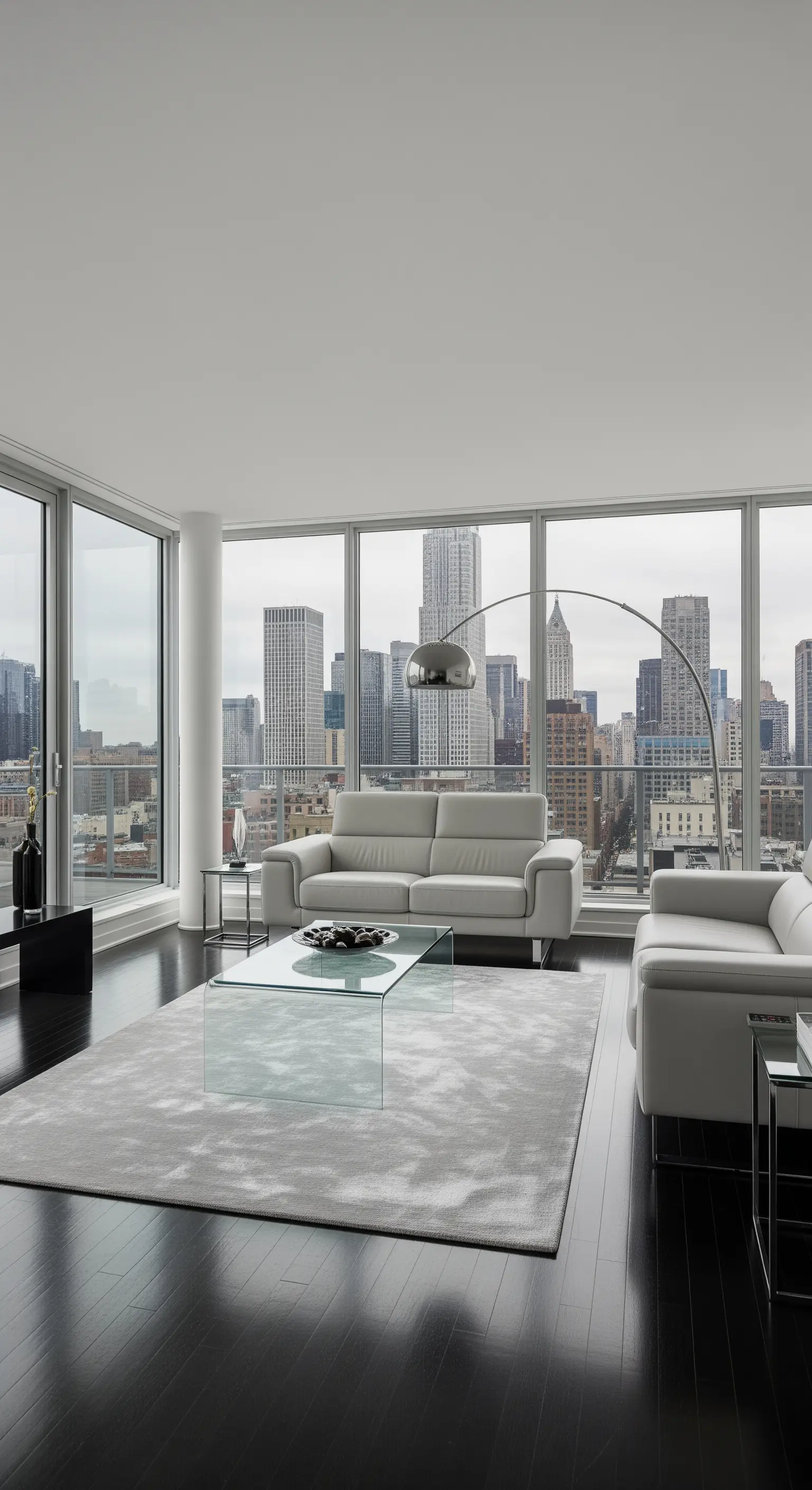 Attico moderno con pavimento nero, divani in pelle bianca e un grande tappeto grigio