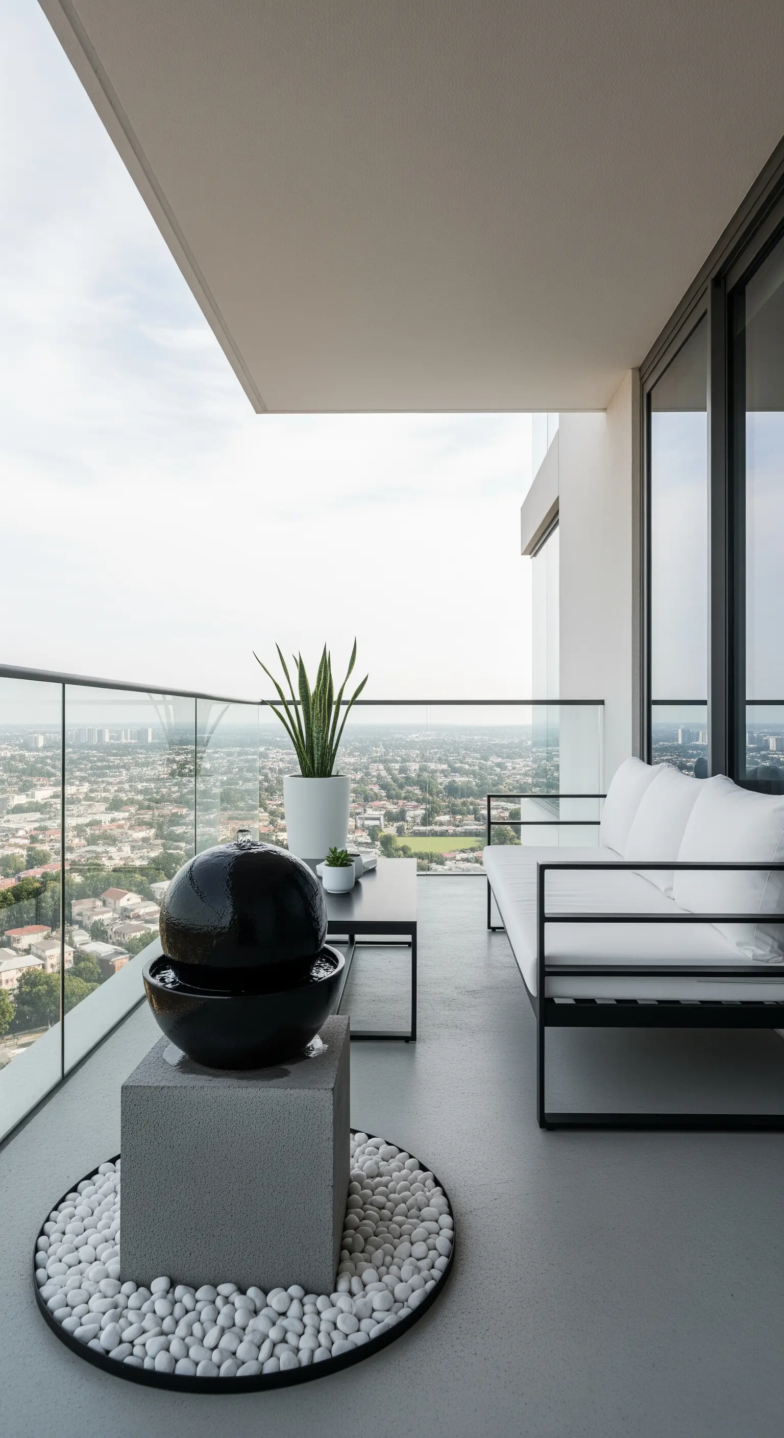 Balcone minimalista con divano bianco, fontana sferica nera e vista sulla città.