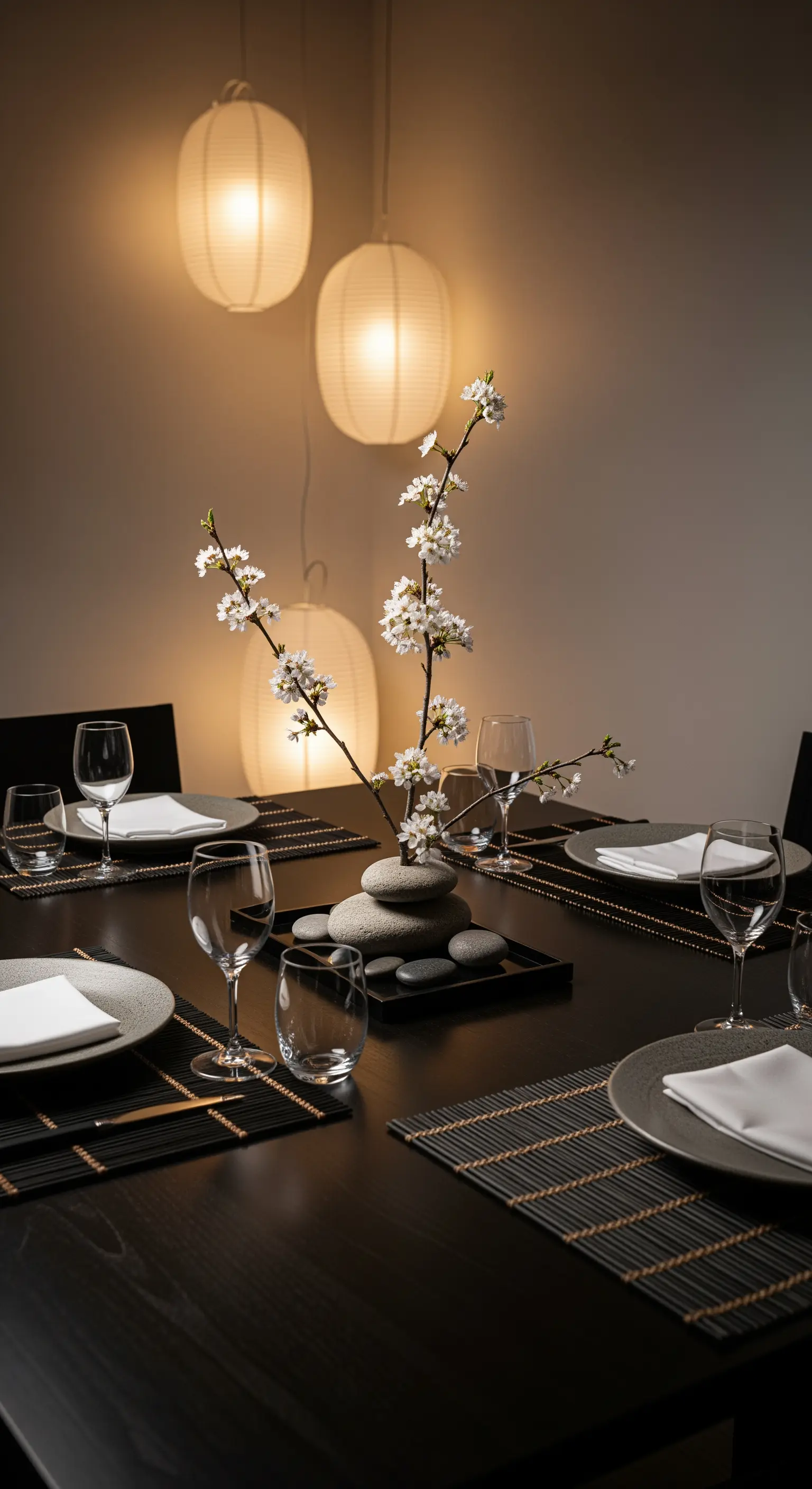 Tavola scura con centrotavola ikebana e lanterne di carta giapponesi sospese.