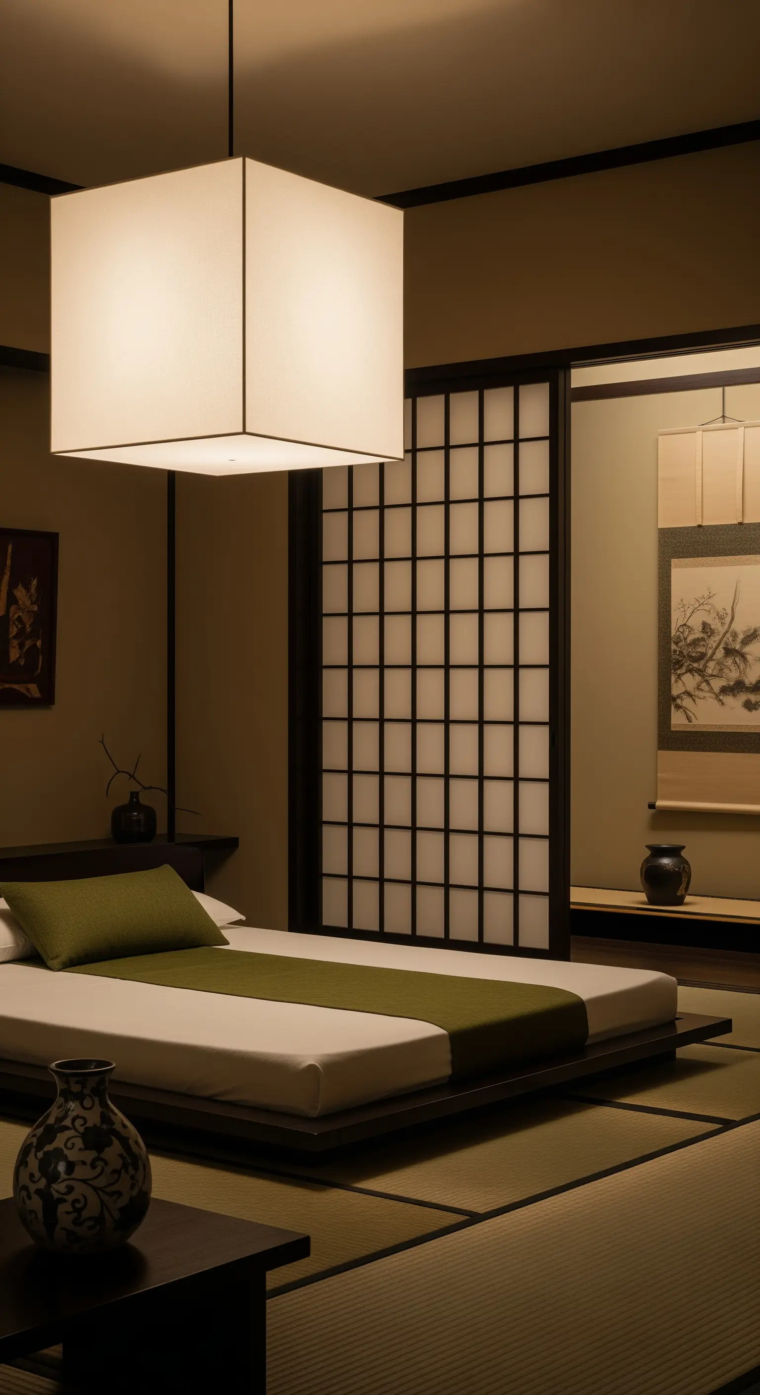 Camera da letto minimalista di ispirazione giapponese con letto basso, pannelli shoji e lanterna di carta.