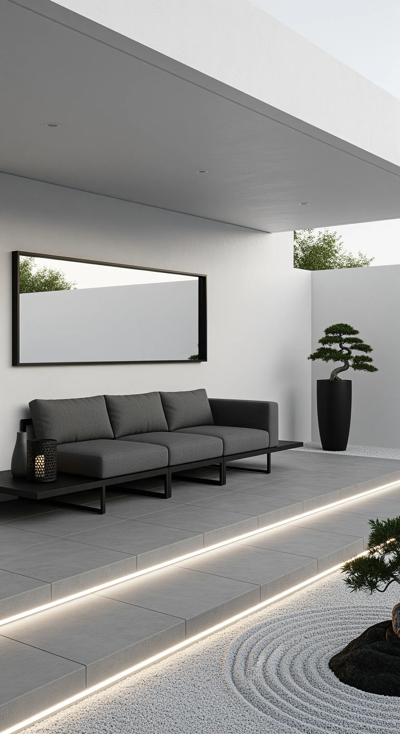 Patio minimalista con divano grigio, giardino zen e una striscia LED lungo un gradino