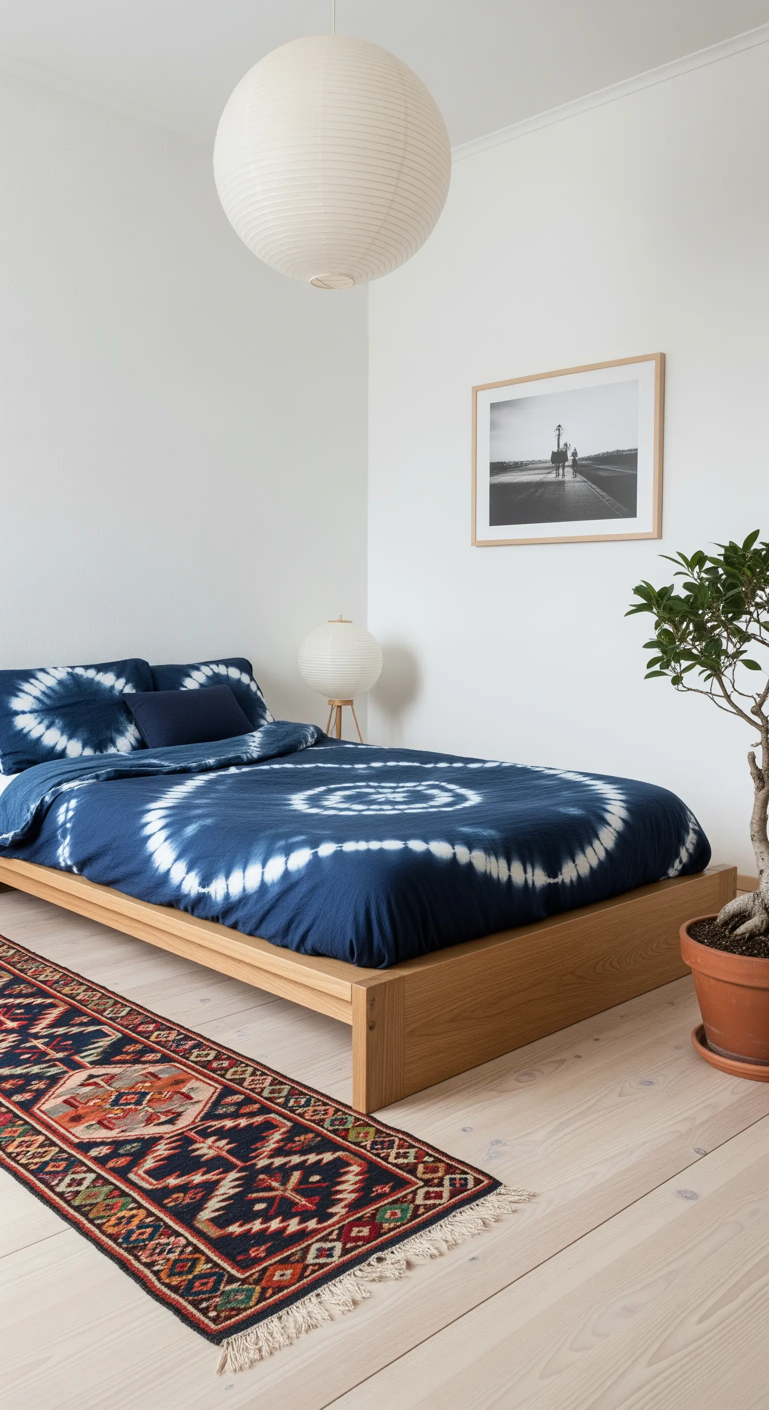 Letto basso in legno chiaro, biancheria tie-dye blu e tappeto kilim colorato in una stanza bianca.