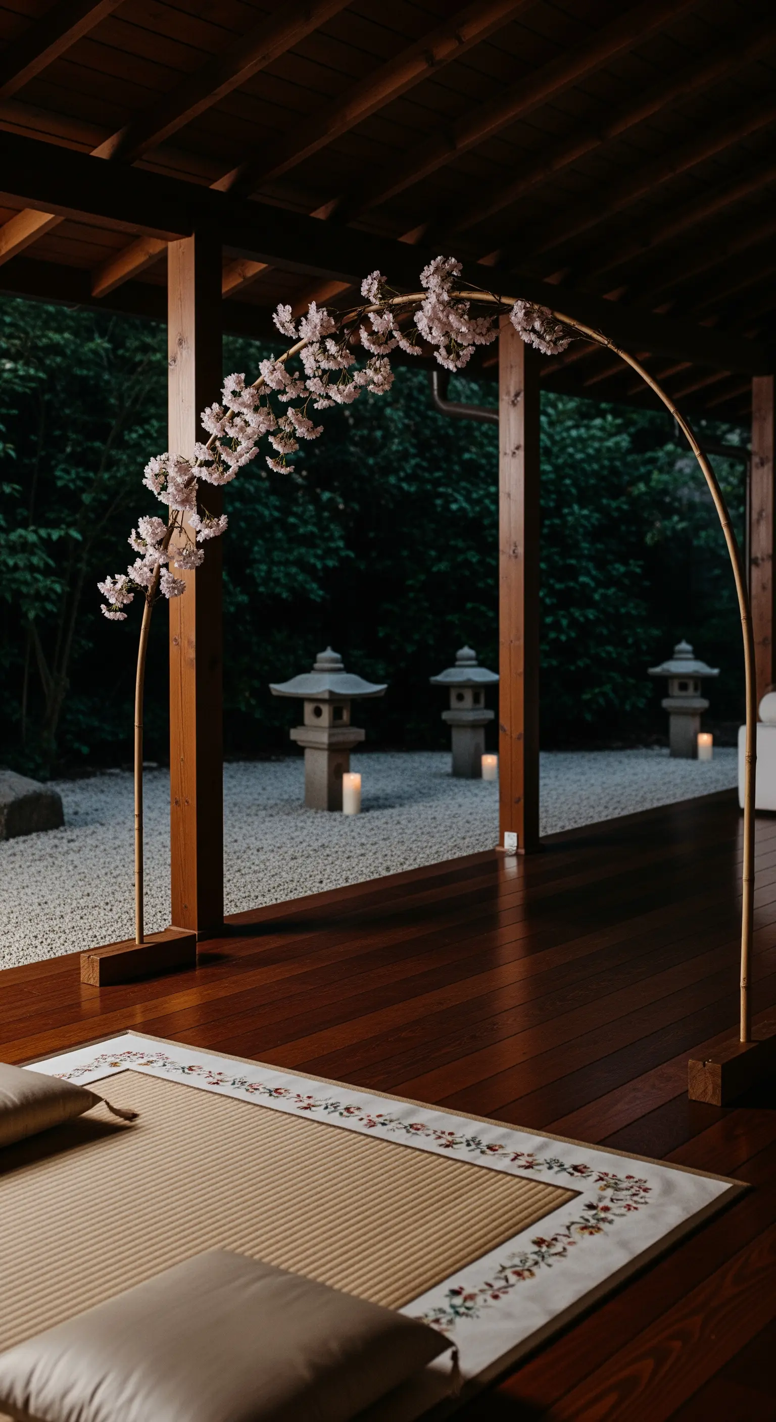 Veranda in stile giapponese con arco di fiori di ciliegio e lanterne in pietra.