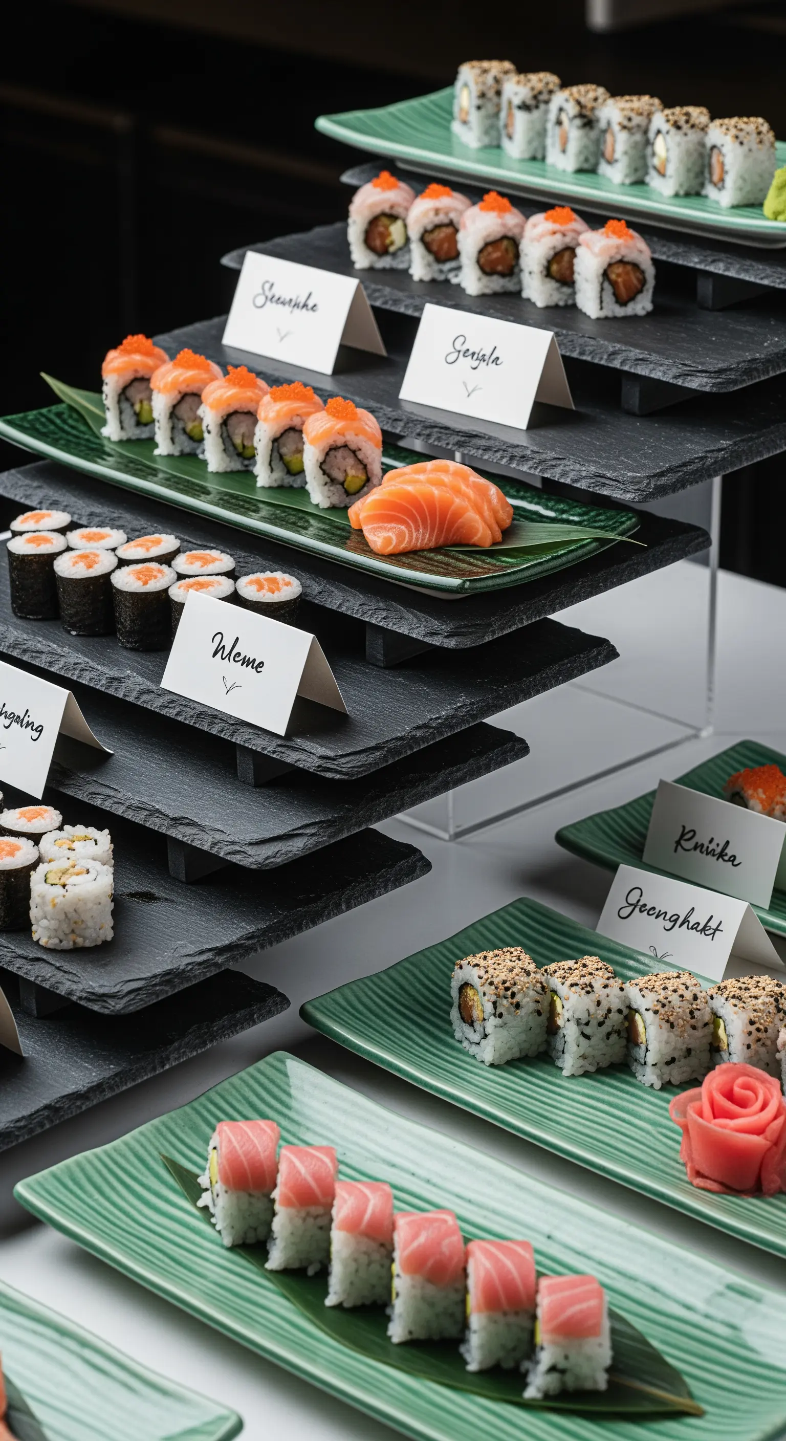 Esposizione di sushi su alzate a più livelli in ardesia scura, con etichette bianche minimaliste.