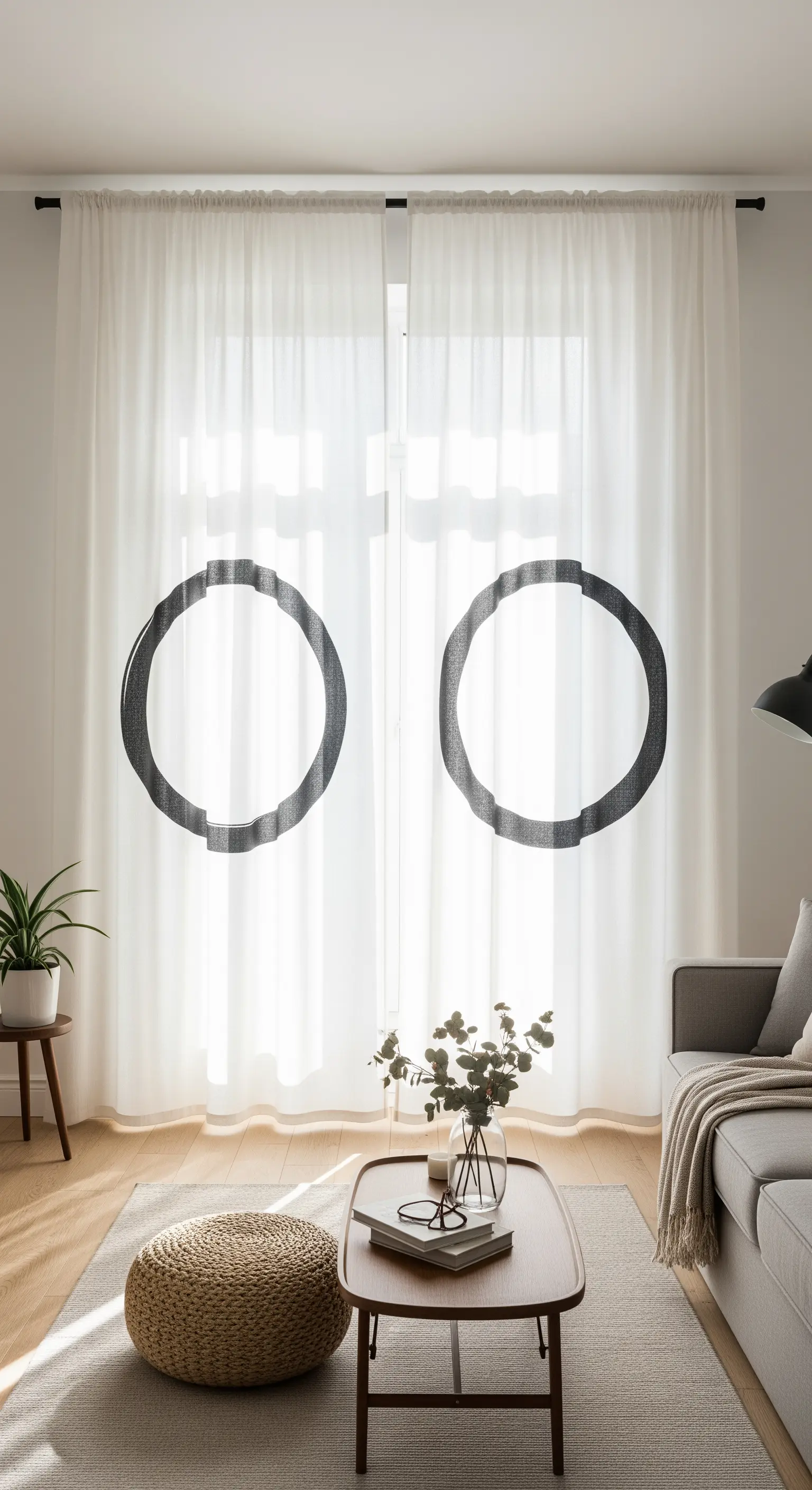 Tende bianche trasparenti con due grandi cerchi neri imperfetti, in stile minimalista zen.
