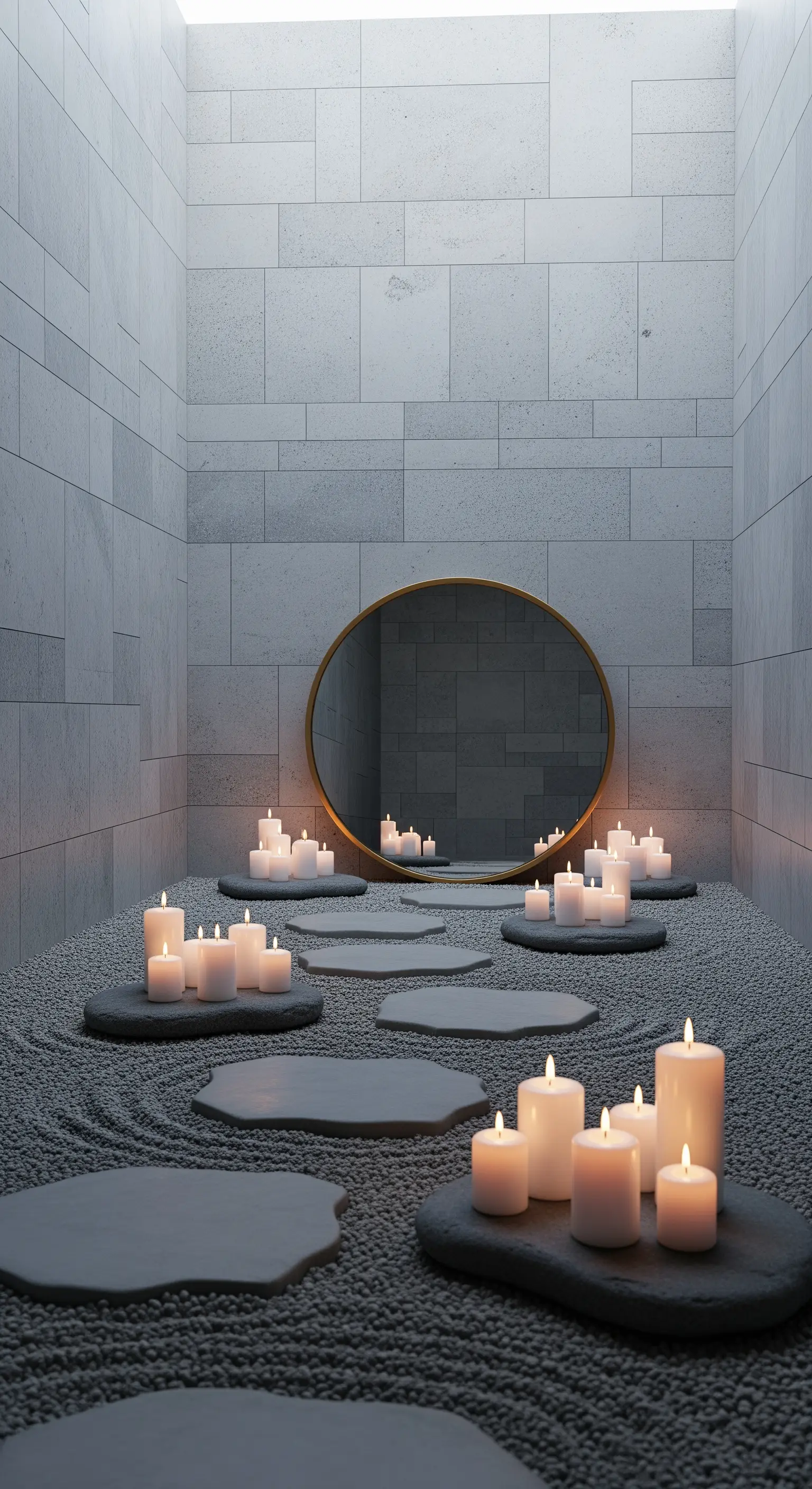 Giardino zen minimalista con ghiaia, pietre, candele e uno specchio rotondo dorato.