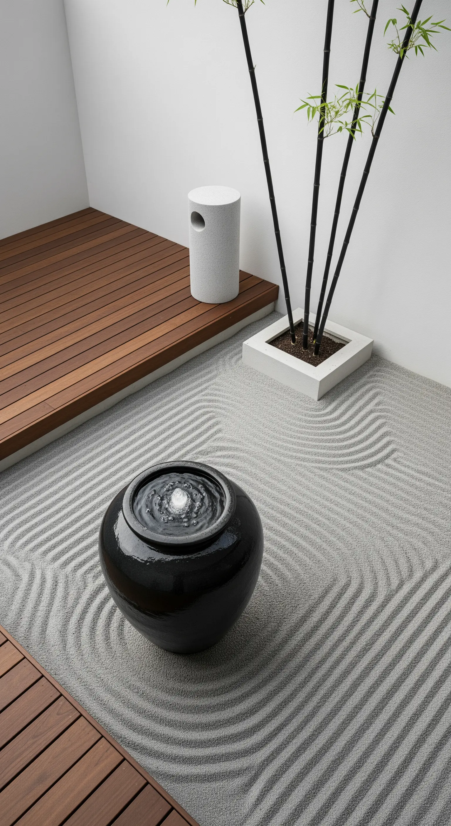 Angolo minimalista con sabbia rastrellata, fontana a sfera nera e bambù in vaso.