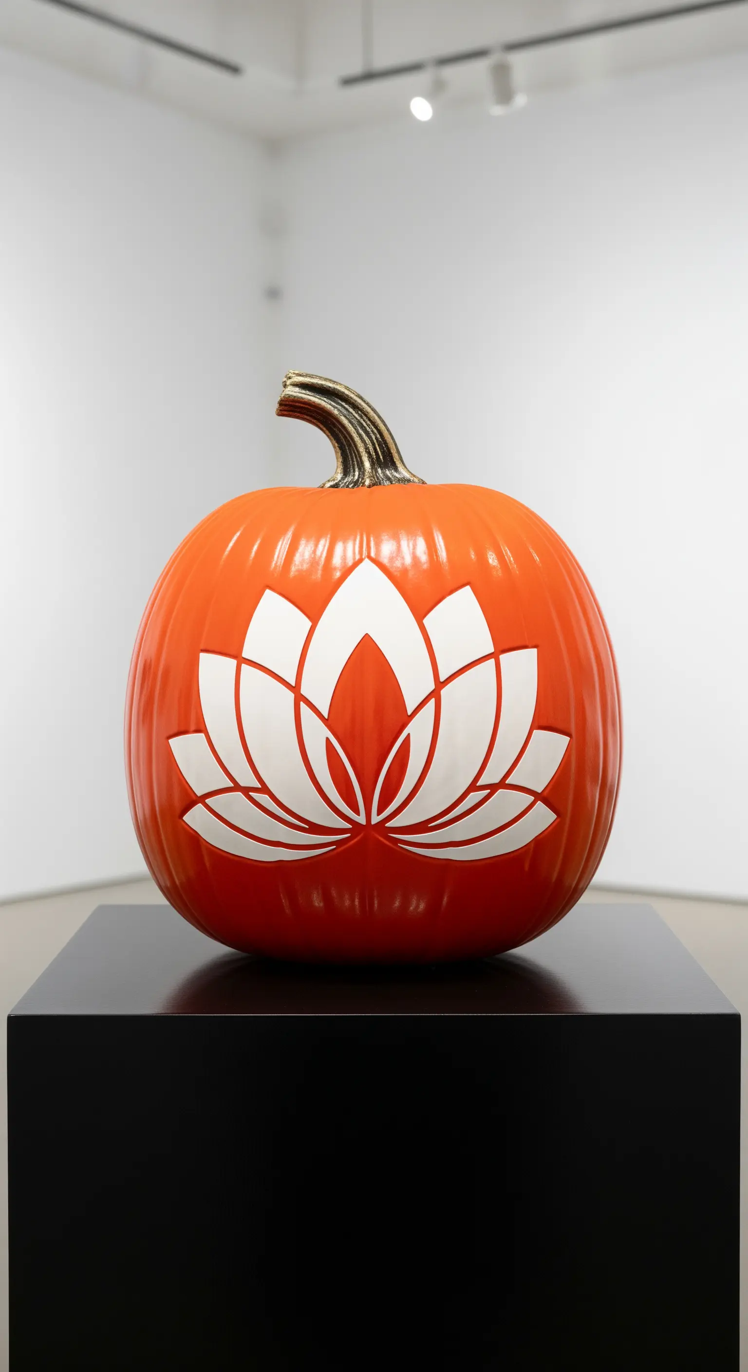 Zucca arancione brillante con un grande stencil bianco di un fiore di loto, su un piedistallo nero.