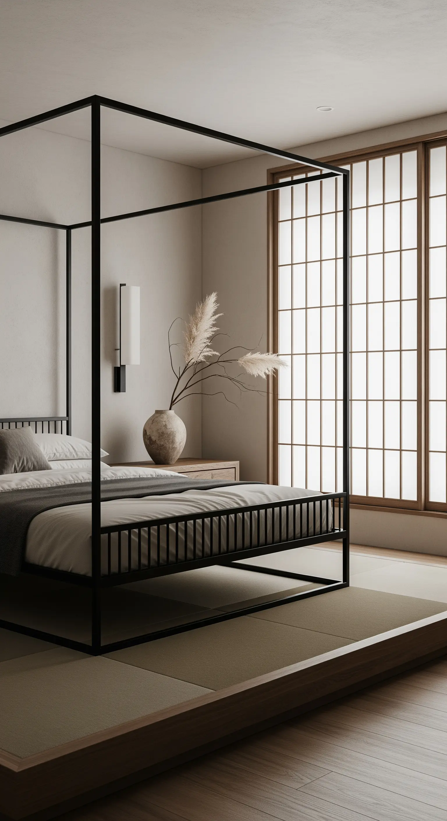 Letto a baldacchino nero in una camera da letto in stile Japandi con pareti divisorie shoji.