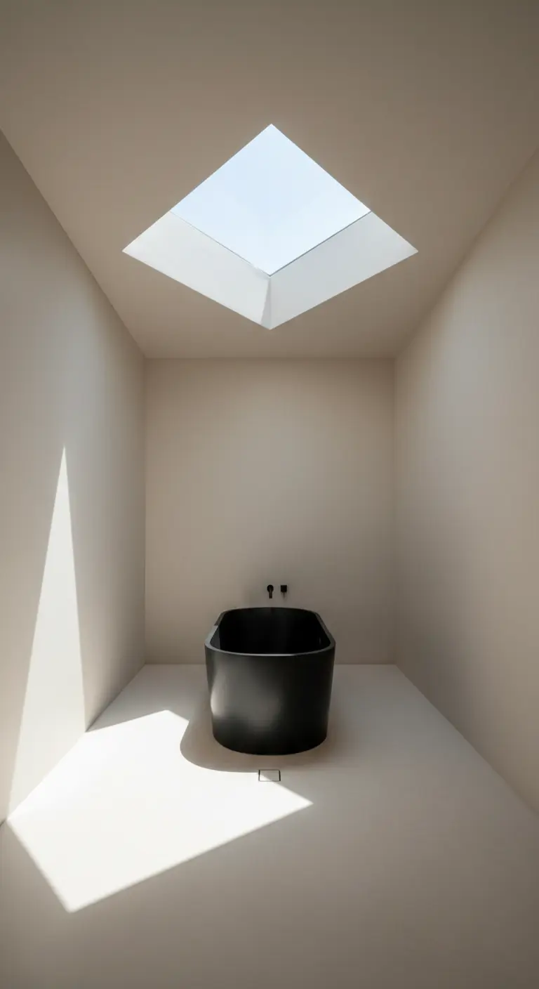 Stanza da bagno minimalista con lucernario e vasca nera isolata al centro.