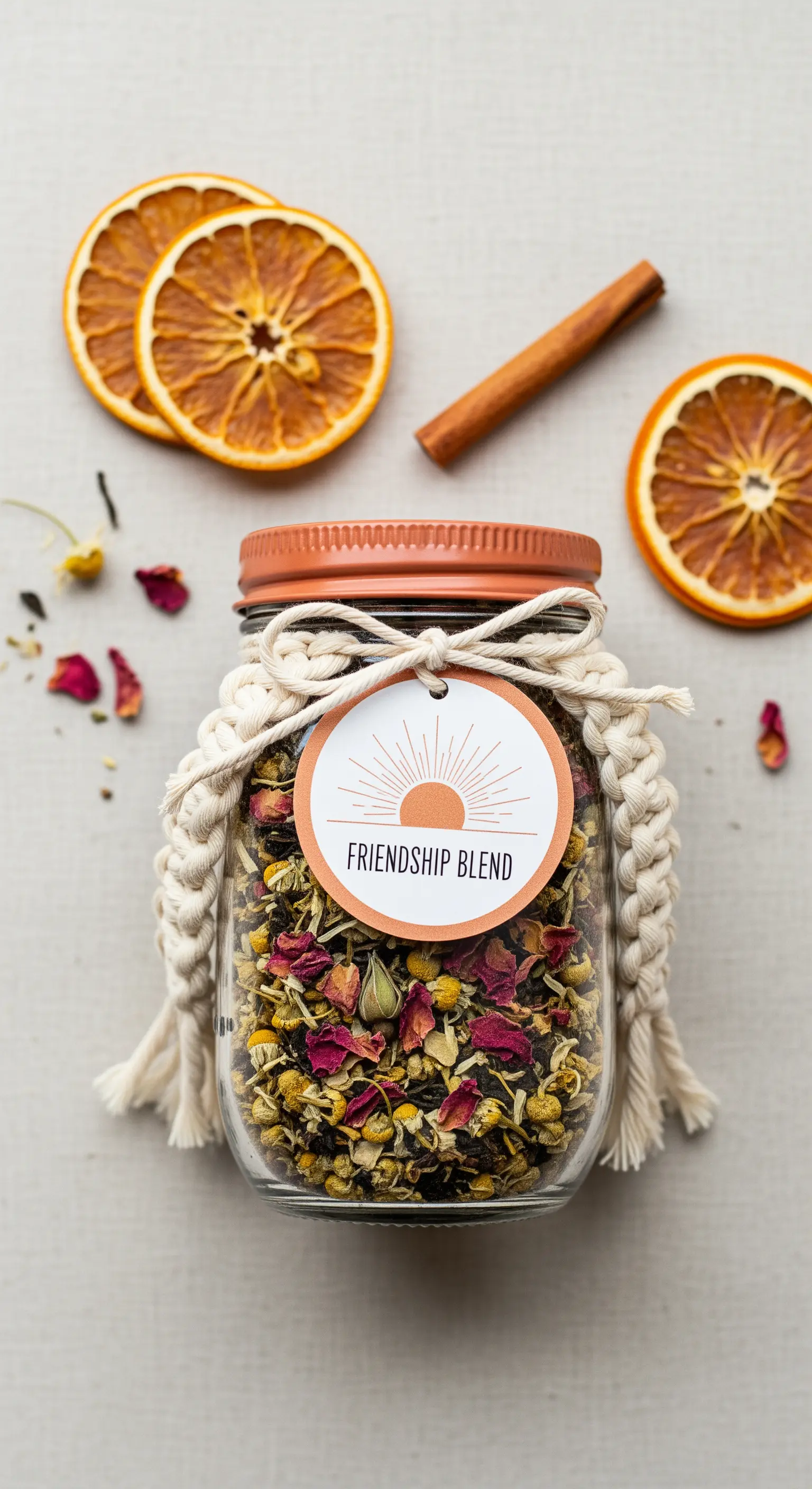 Barattolo di tisana con fiori secchi e un'etichetta circolare, decorato con macramè.
