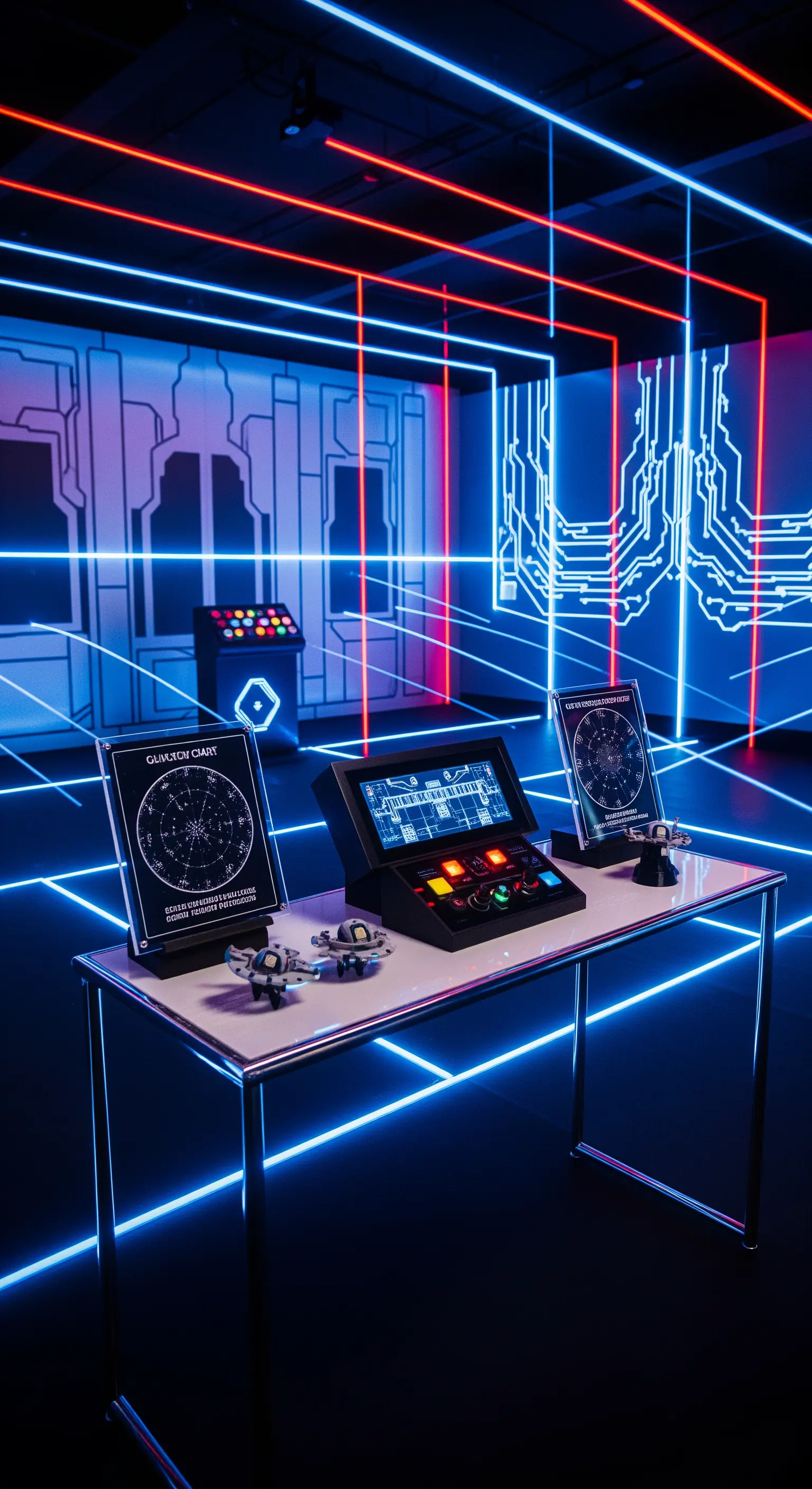 Una stanza high-tech con luci al neon blu e rosse che creano un'atmosfera da escape room futuristica.