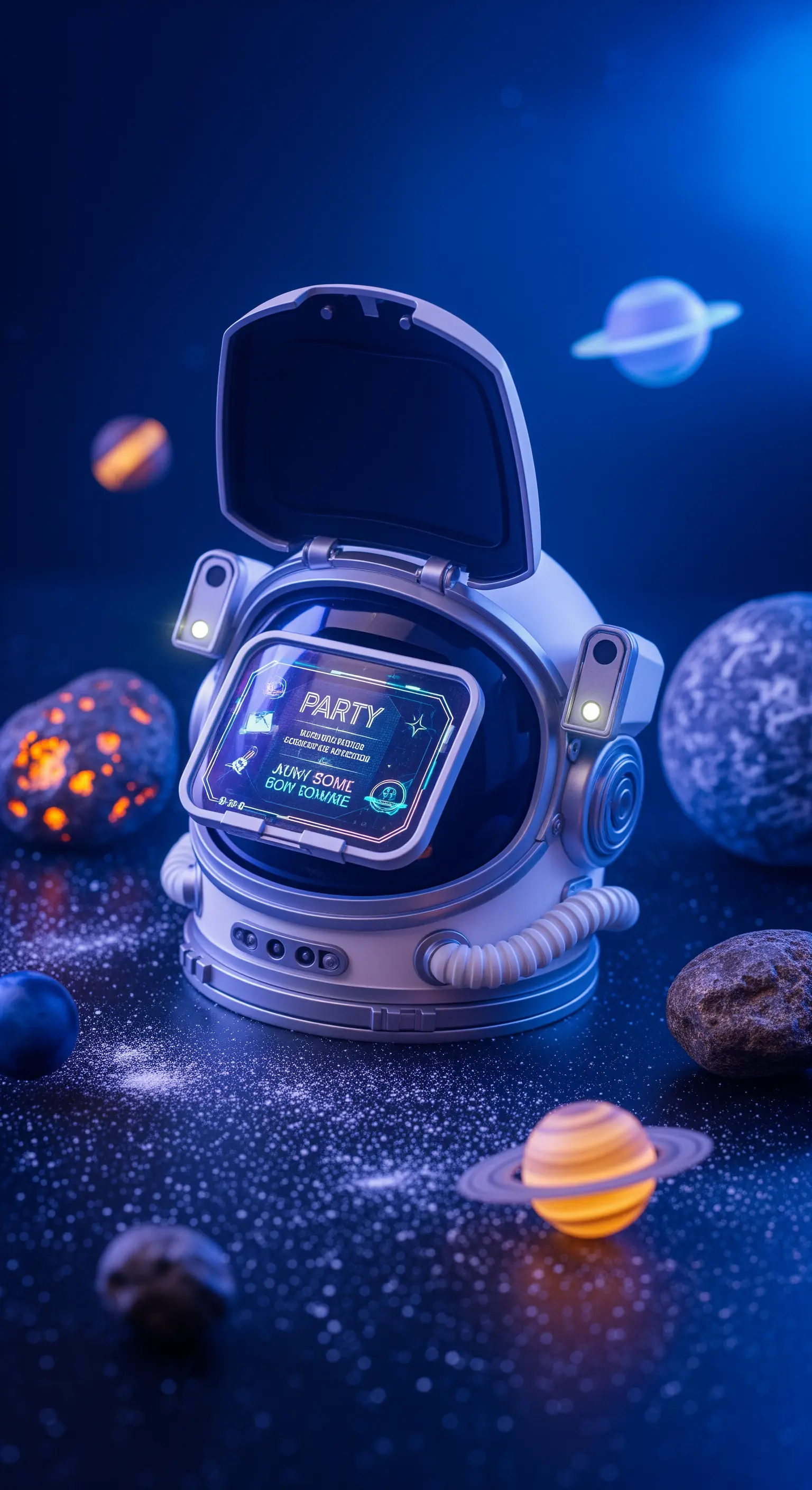 Invito futuristico a forma di casco da astronauta con schermo luminoso, tra pianeti e polvere di stelle.