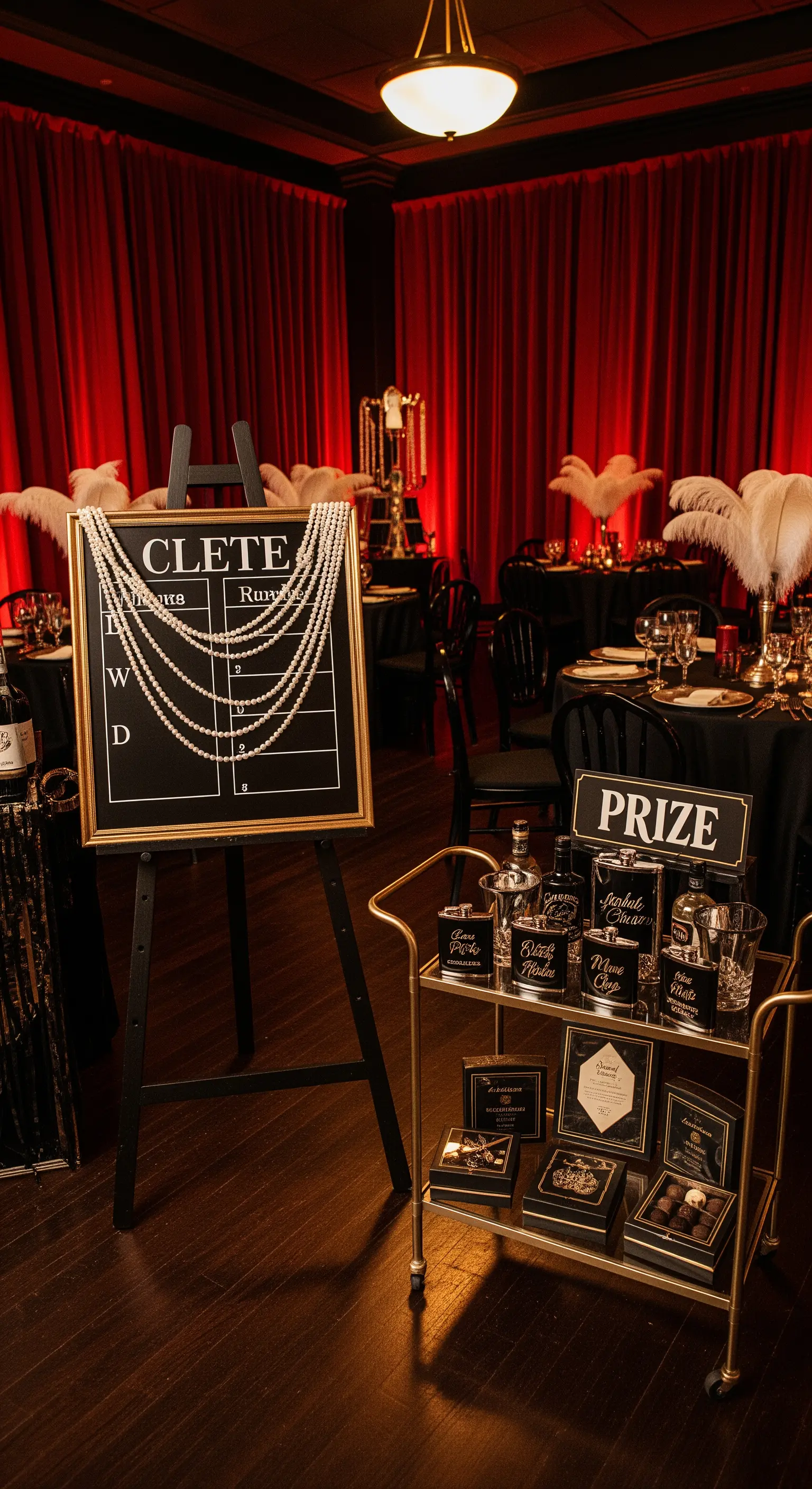 Un allestimento in stile Grande Gatsby con tende rosse, premi su un carrello dorato e una lavagna.
