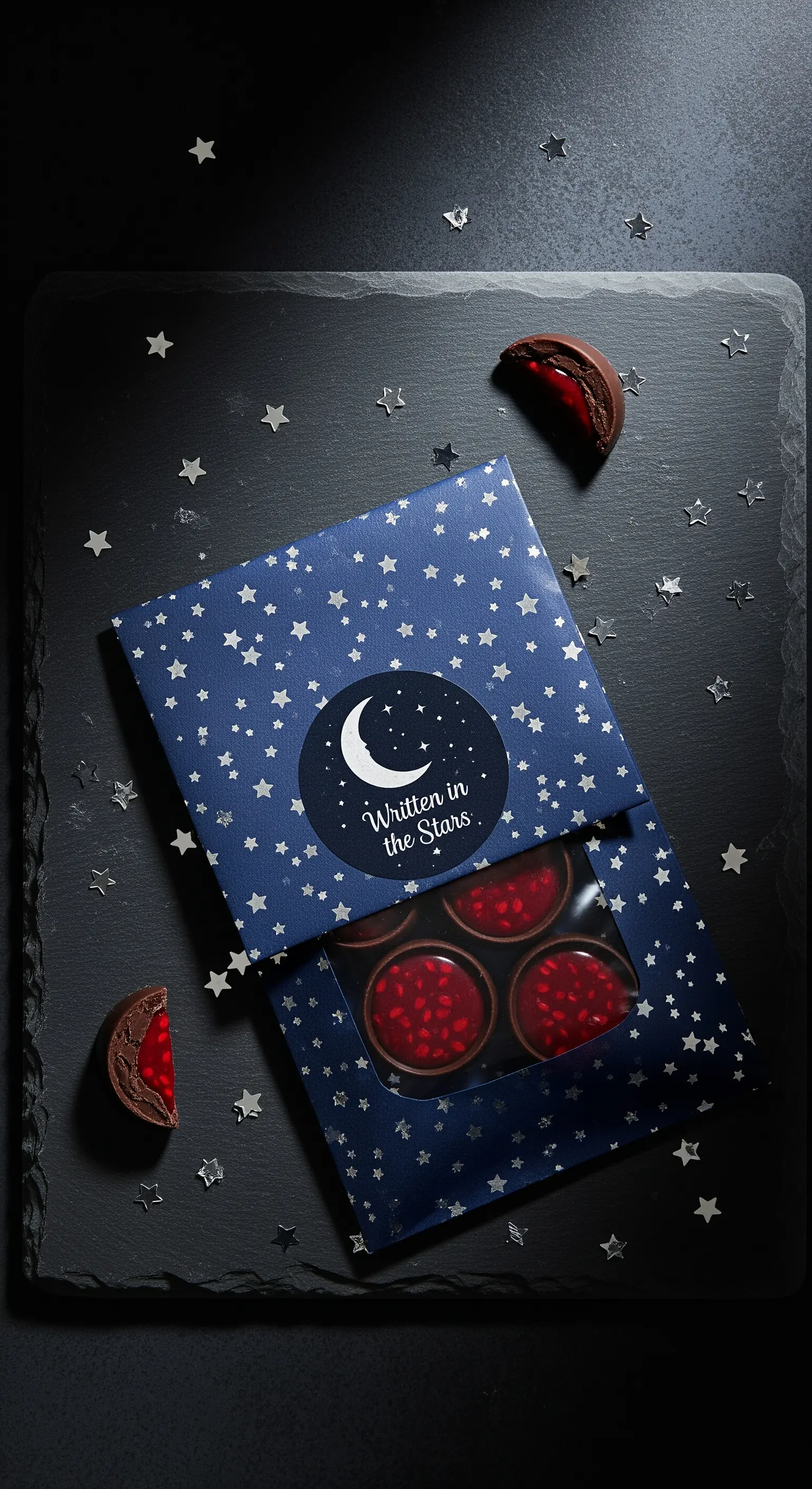 Scatolina blu notte con stelle argentate, contenente praline al cioccolato fondente e lampone.