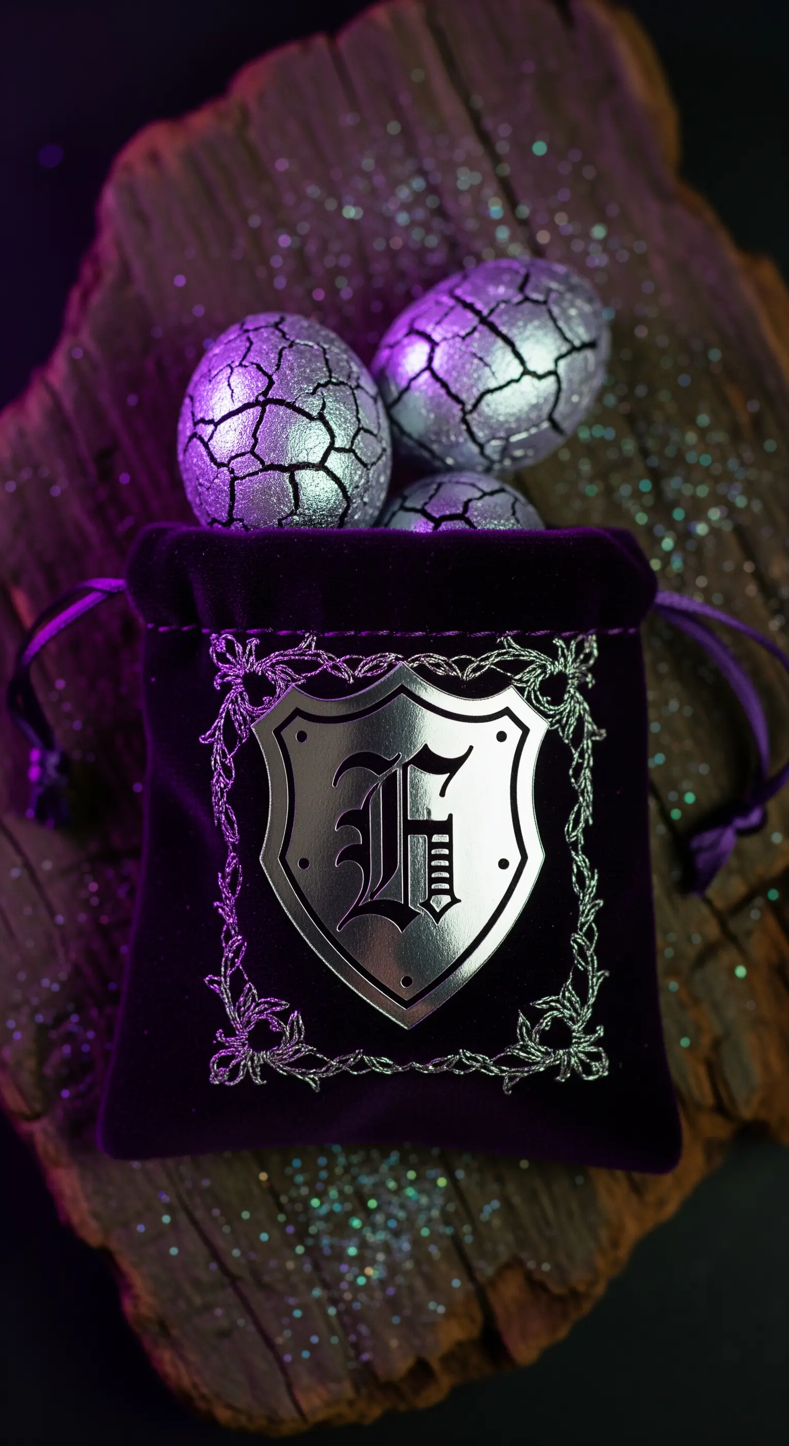 Sacchetto in velluto viola con uno stemma argentato, contenente uova di drago argentate.