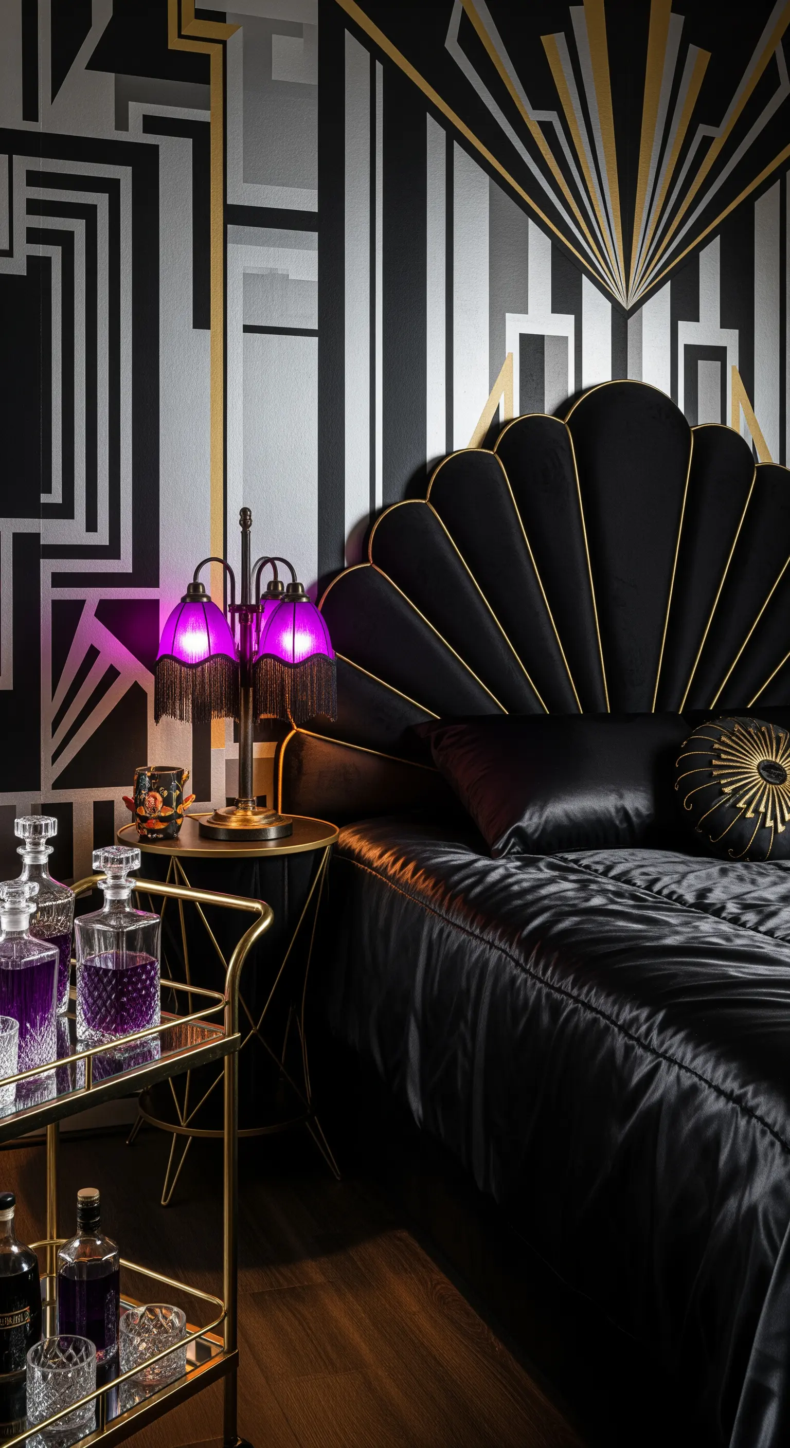 Letto Art Deco con testiera a conchiglia, carta da parati geometrica e lampade viola.