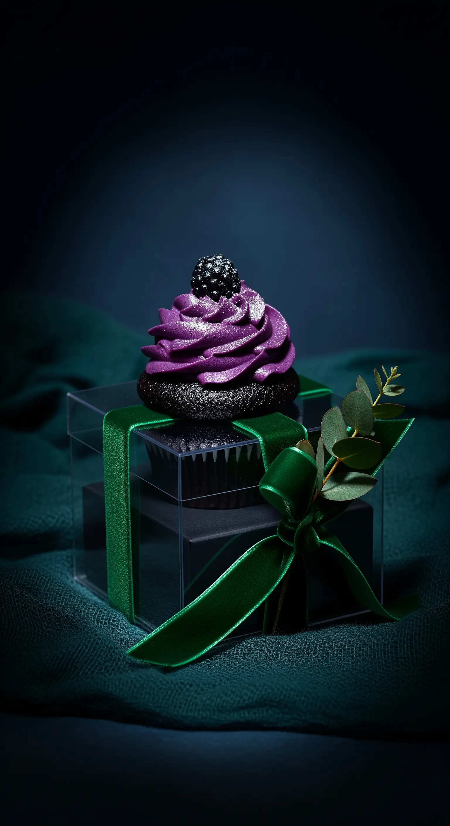 Cupcake viola scuro in scatola, con nastro di velluto verde ed eucalipto.