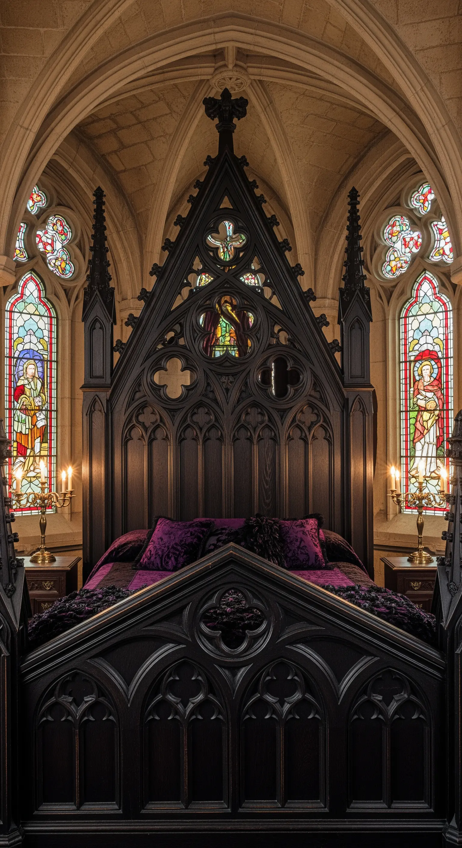 Imponente letto in legno scuro in stile gotico, con una testiera a forma di guglia.