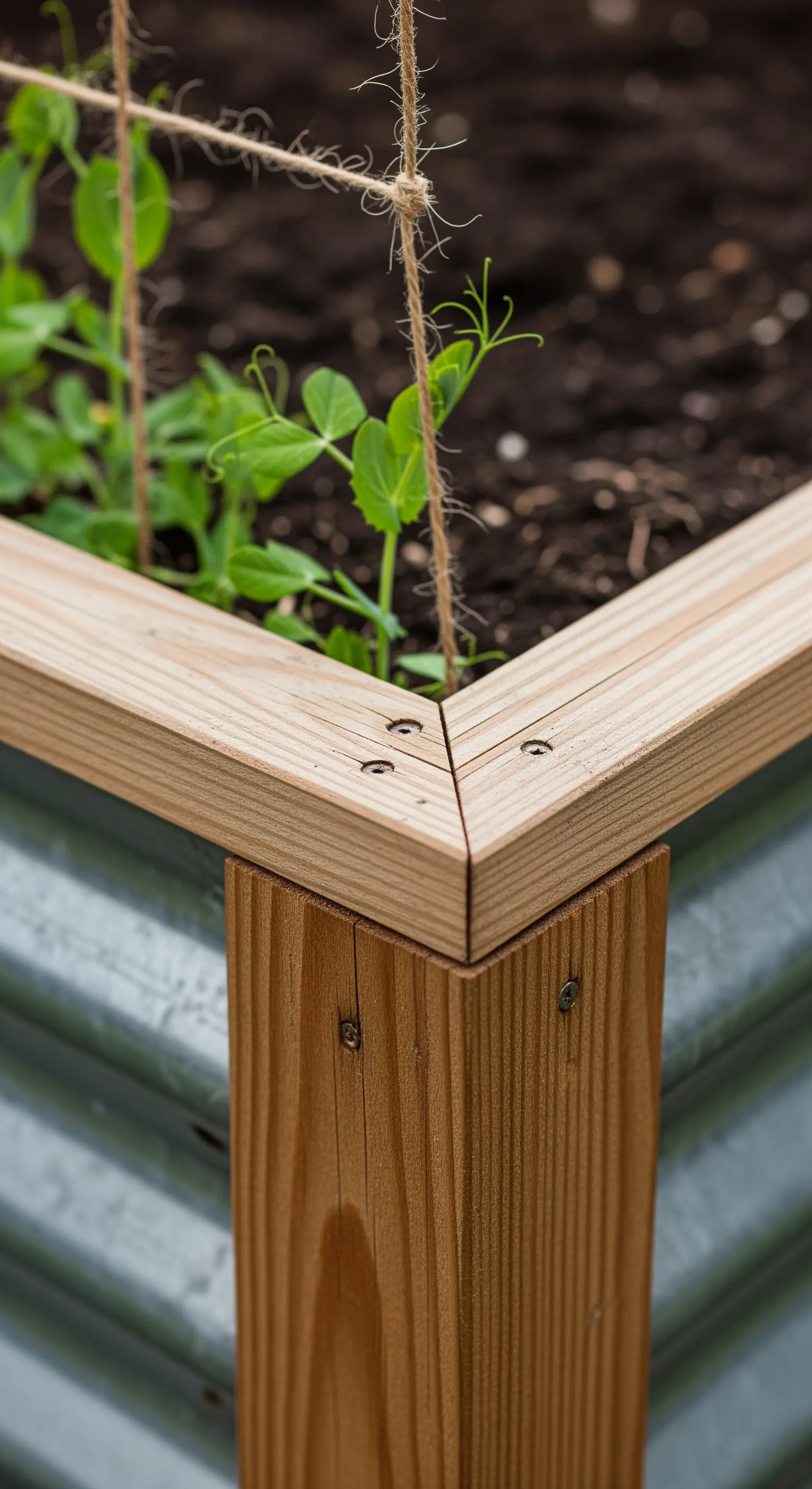 Dettaglio di un orto rialzato con pannelli in metallo ondulato e cornice in legno.