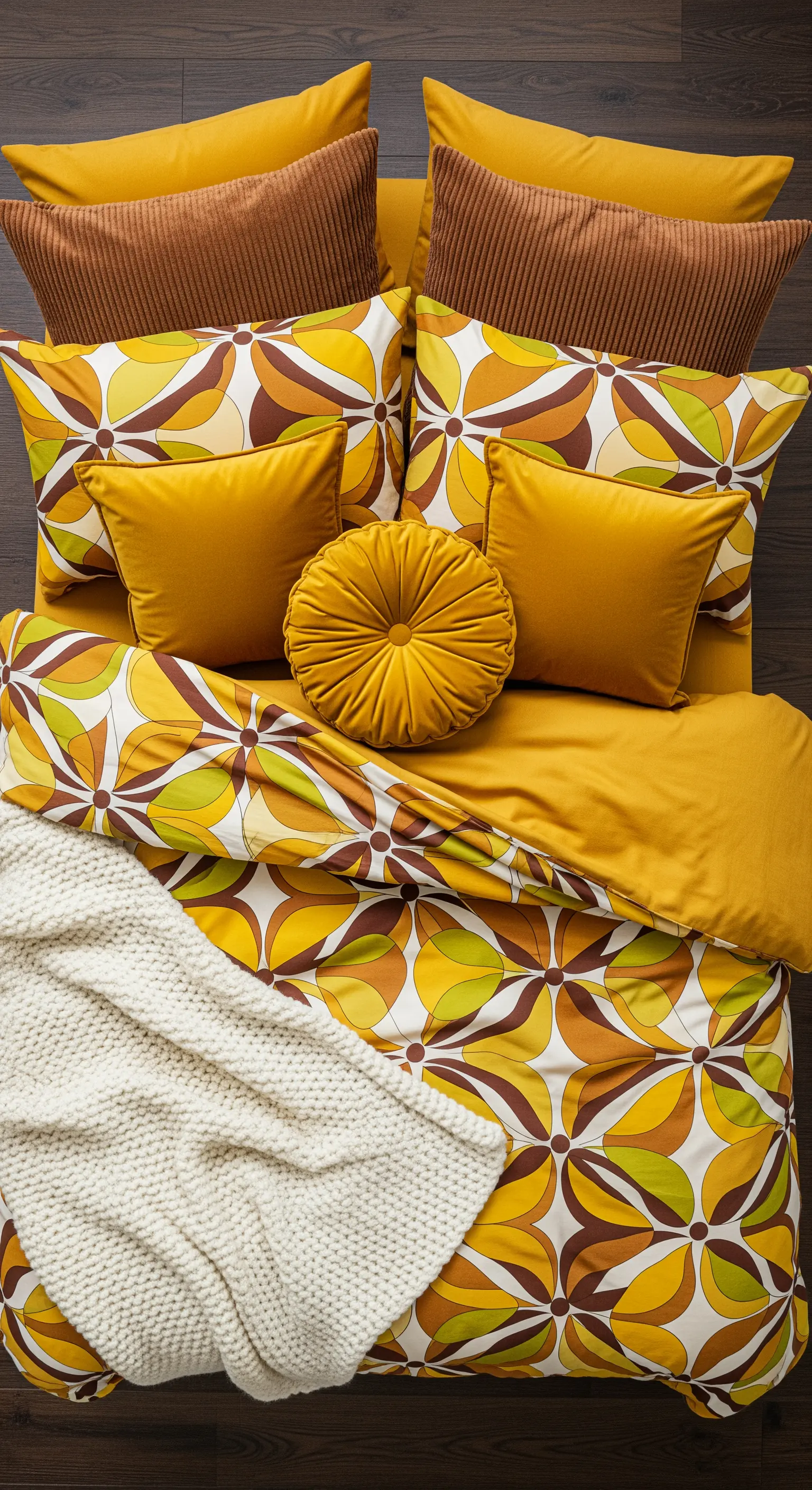 Dettaglio di biancheria da letto con pattern geometrico anni '70 e cuscini in velluto.