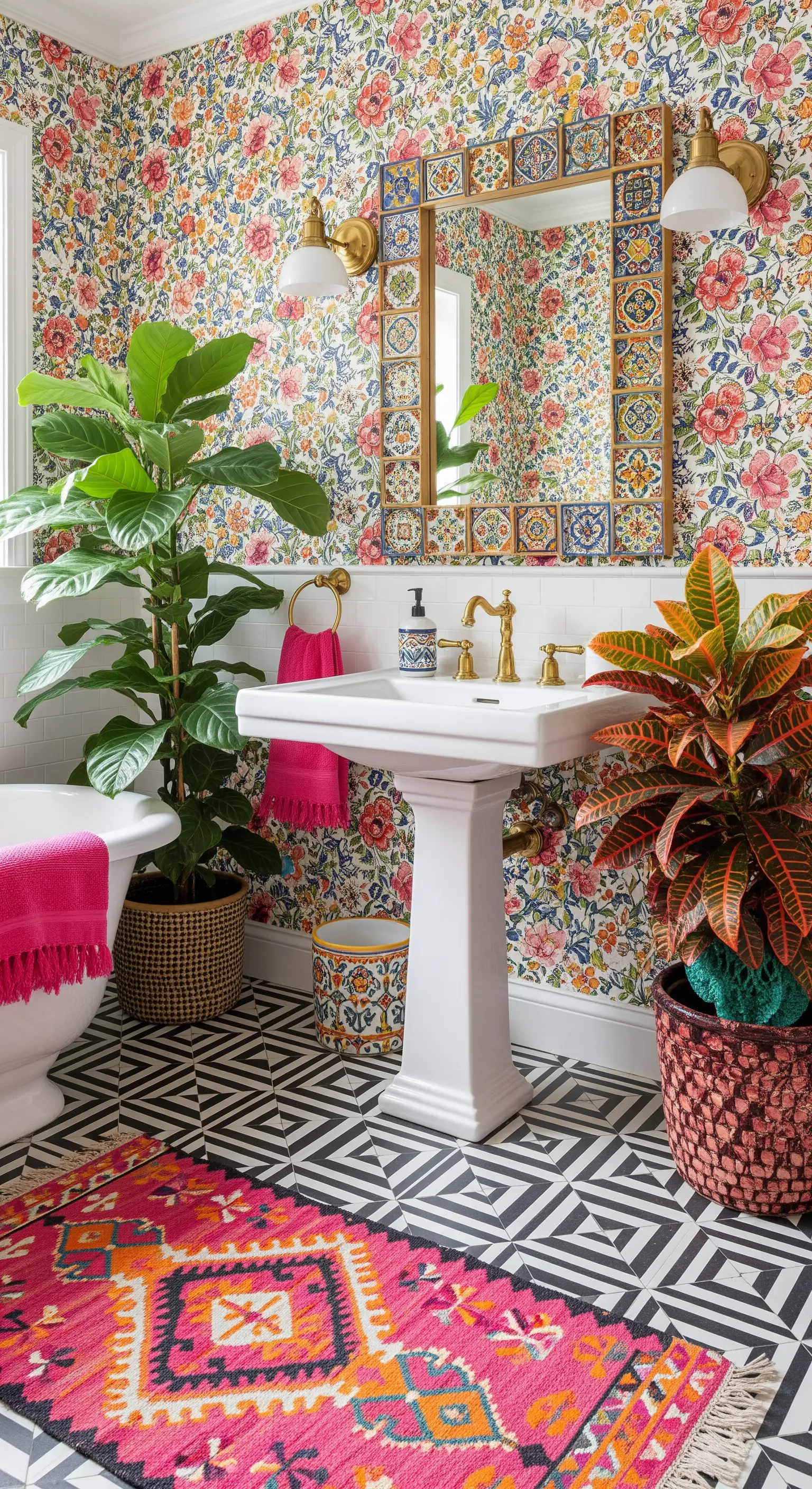 Bagno eclettico con carta da parati floreale, pavimento geometrico e tappeto fucsia.