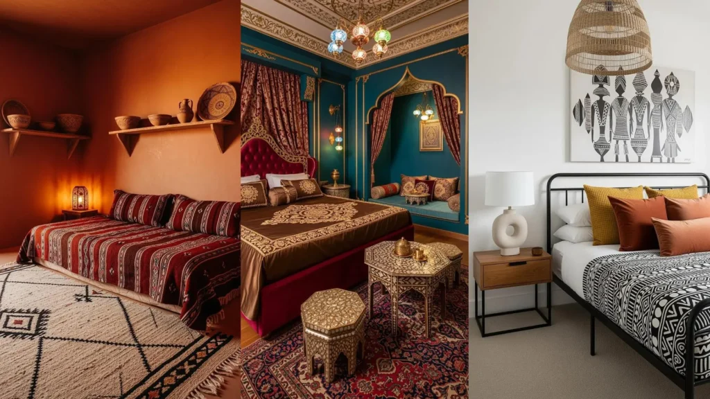 Collage di camere da letto in stile etnico che giocano con un mix di tessuti, motivi geometrici e colori vivaci.