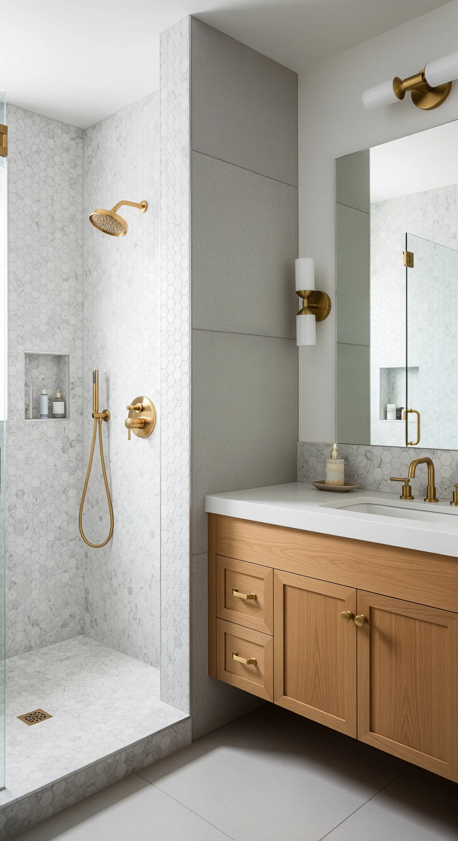 Bagno con doccia in piastrelle esagonali, parete effetto cemento e mobile in legno.