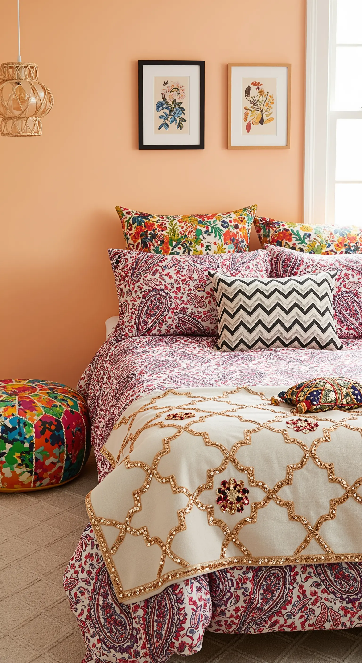 Letto con un mix di biancheria a motivi paisley e chevron, pouf colorato e parete color pesca.