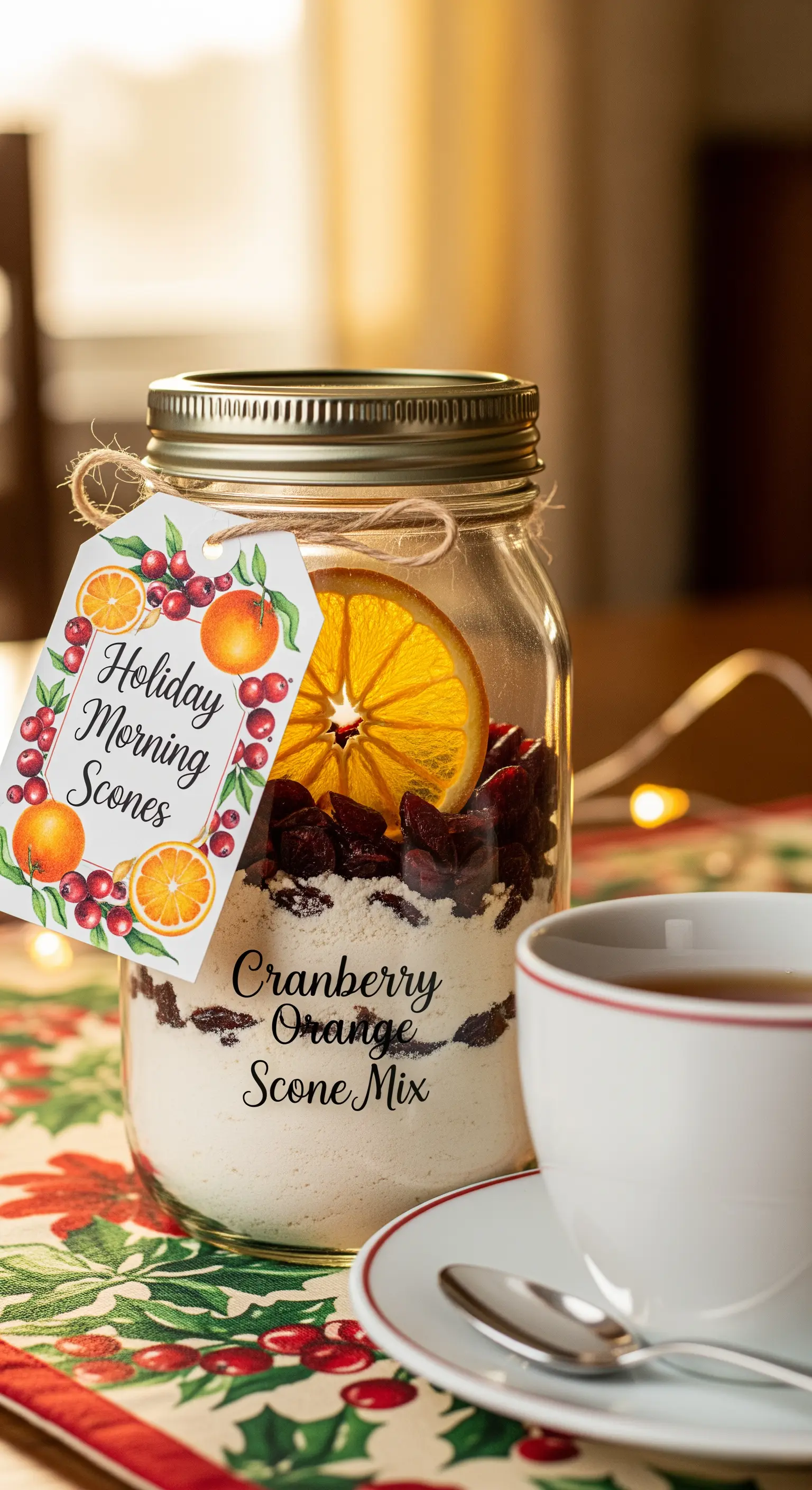 Preparato per scones con mirtilli rossi e arancia in un barattolo, su tovaglia natalizia.