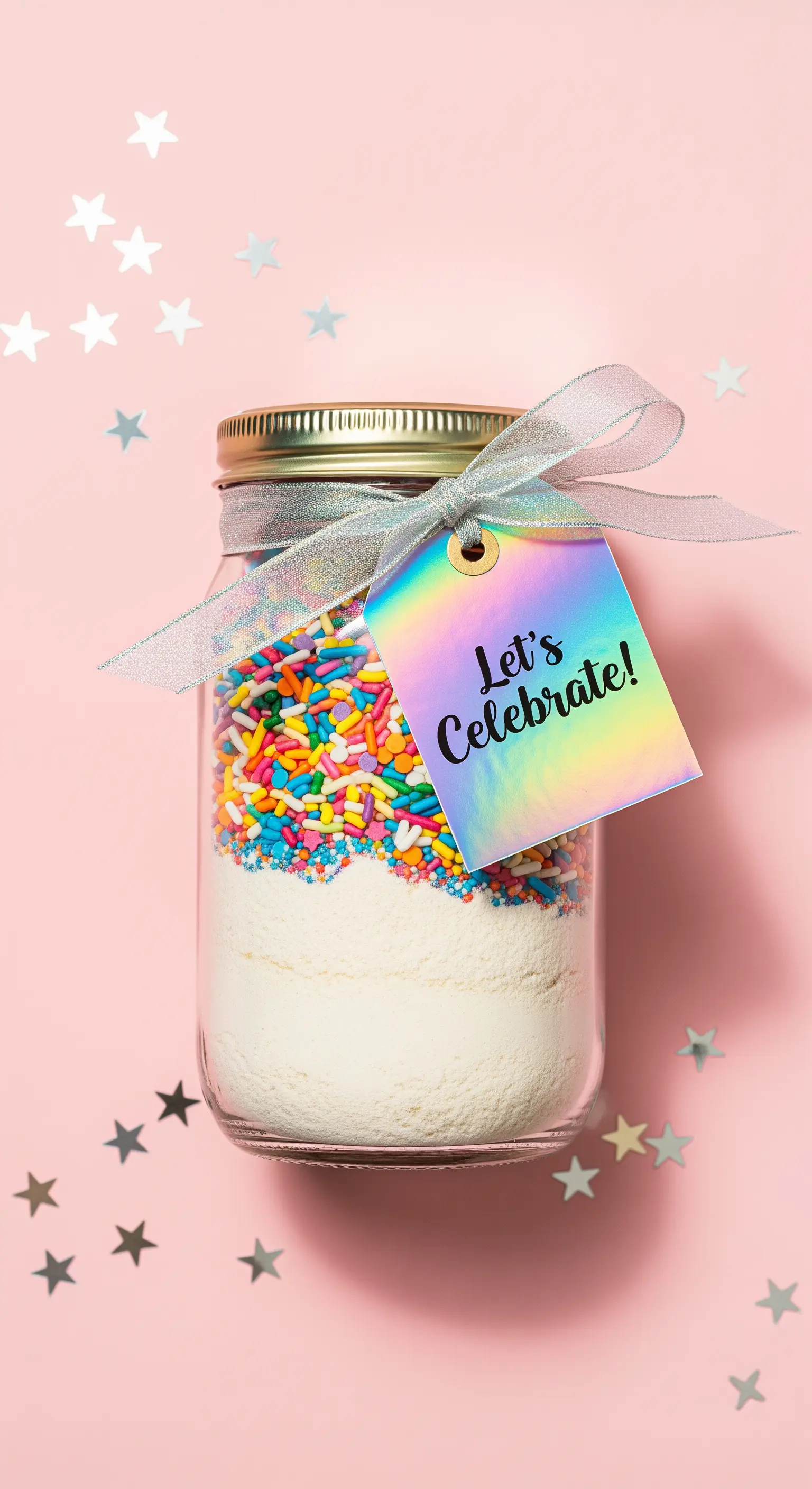 Preparato per torta con zuccherini colorati e un'etichetta olografica 