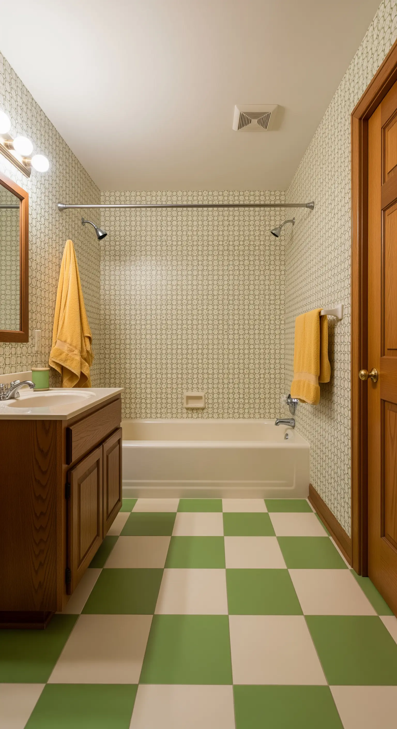 Bagno con pavimento a scacchi verdi e bianchi e carta da parati a piccoli motivi.