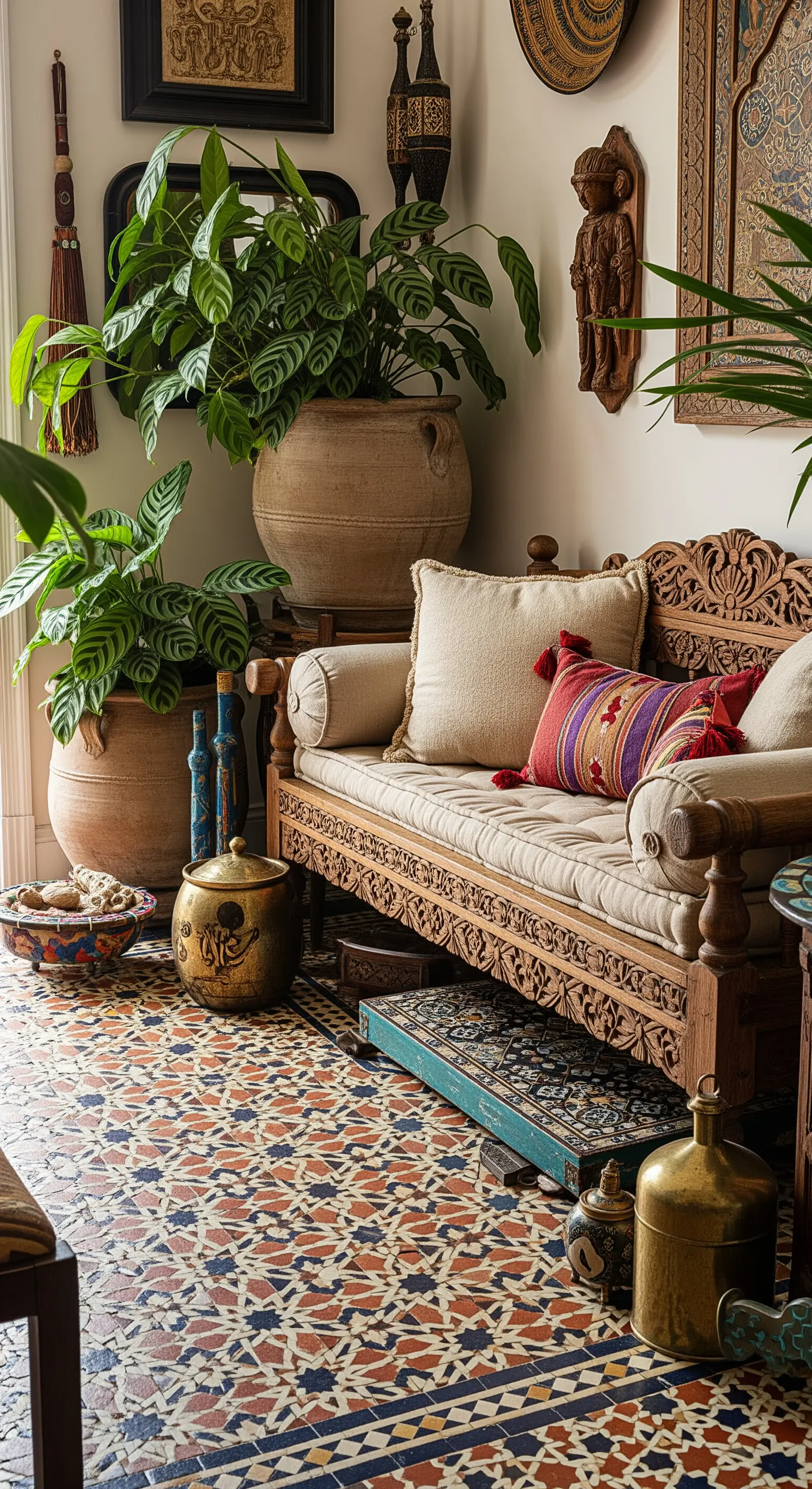 Ingresso eclettico con panca in legno intagliato, pavimento a mosaico e grandi piante in vaso.