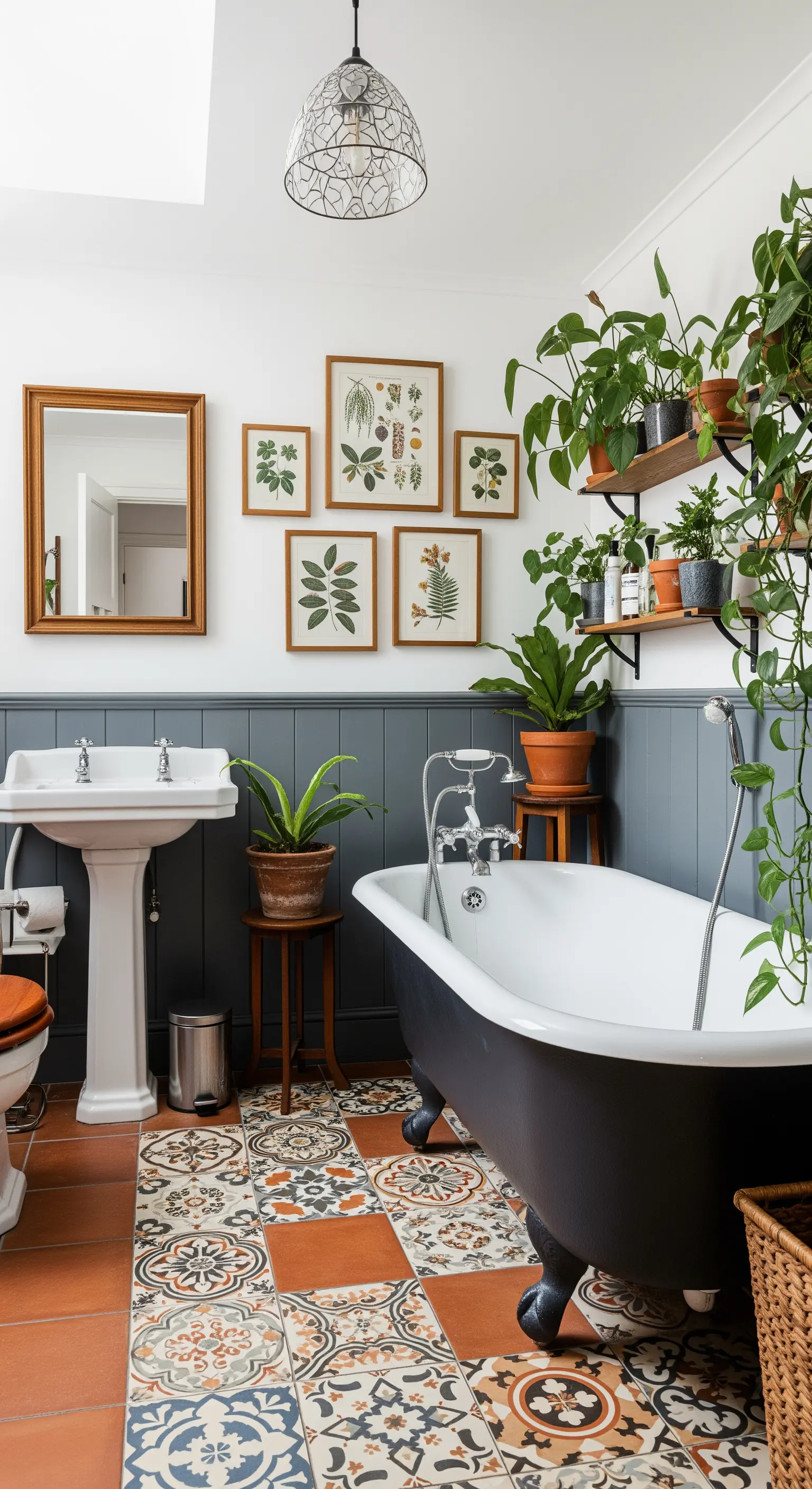 Bagno eclettico con pavimento in cementine e cotto, boiserie grigia e stampe botaniche.