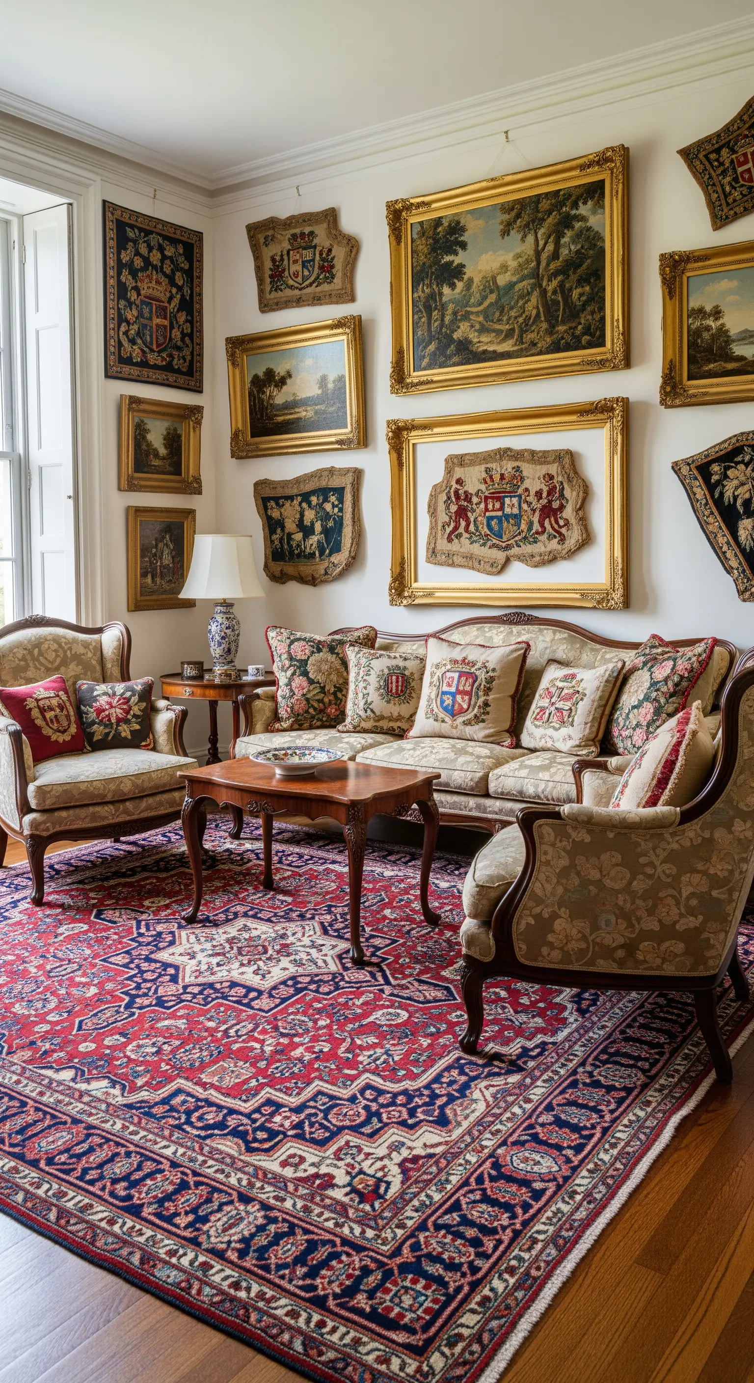 Parete decorata con un mix di quadri con cornici dorate e arazzi antichi.
